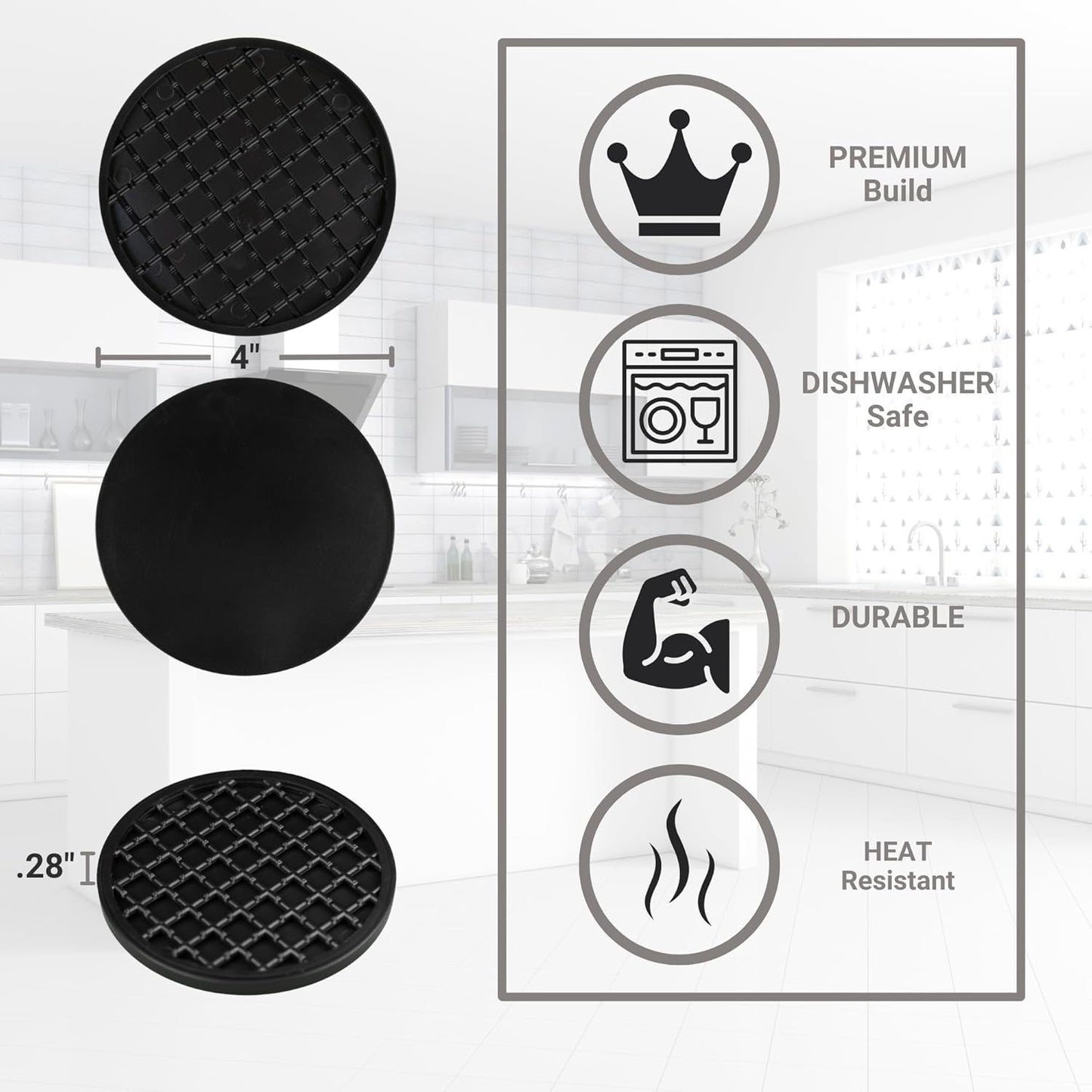 Ultimate Drink Coasters with Holder,[4 Pack] Drinking Coasters - Cup Coaster for Hot or Cold Drinks, Durable, Non-Slip, Non-Stick, Black (White)