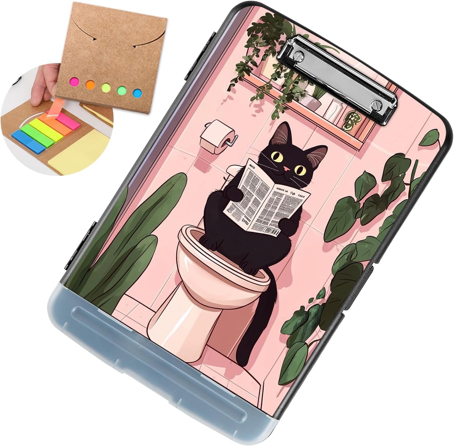 Clipboard with Storage - Large Capacity,Nursing Clipboard with Pen Holder,Heavy Duty,Plastic Side-Opening Folder for Teacher,Nurse - Black Cat on Toilet
