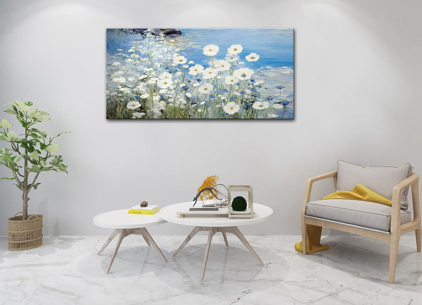 dgbtcart White Daisy Flower Wall Art Picture Decor, 3D Blue Texture Landscape Painting Modern Artwork Canvas Print for Living Room Bedroom Office Home Decoration - 20"x40"