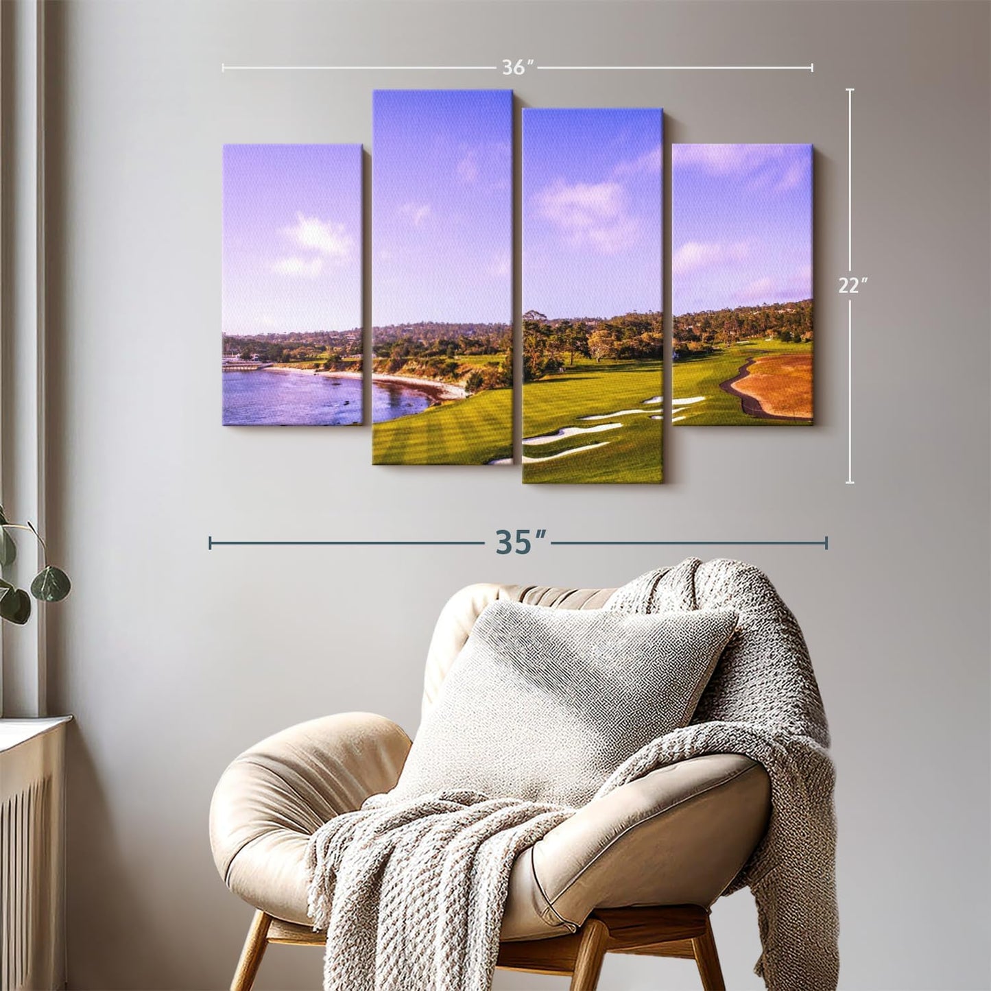 Elephant Stock Coastline Green Golf Course Wall Art - Horizontal Canvas - 4-Piece Living Room Wall Decor - Photography Sports Canvas Print - Blue and Gray Decor for Wall - 36" X 22"