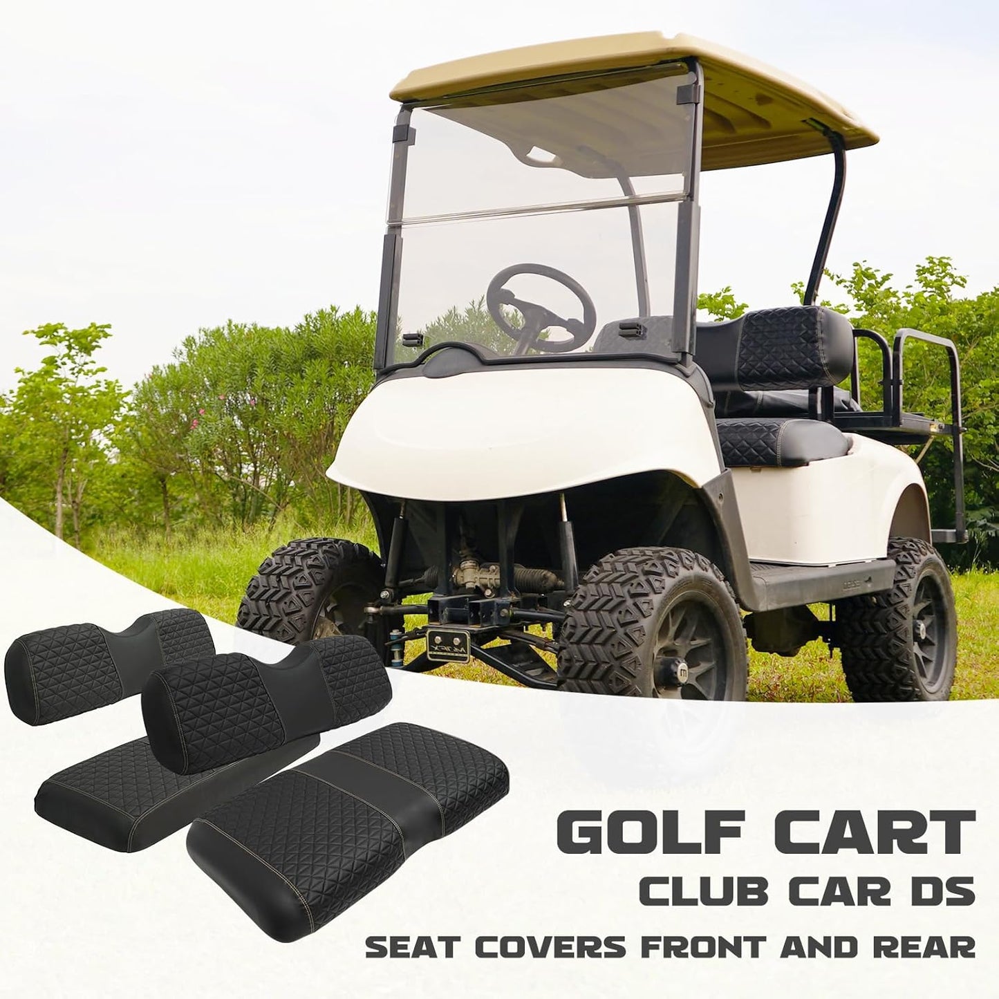 XUANYUDG0769 Golf Cart Front and Rear Seat Covers for EZGO TXT/RXV Club Car DS/Precedent Yamaha G29, Vinyl Leather Made/Adjustable Straps and Retractable Buckle/No Stapler Required,4PCS