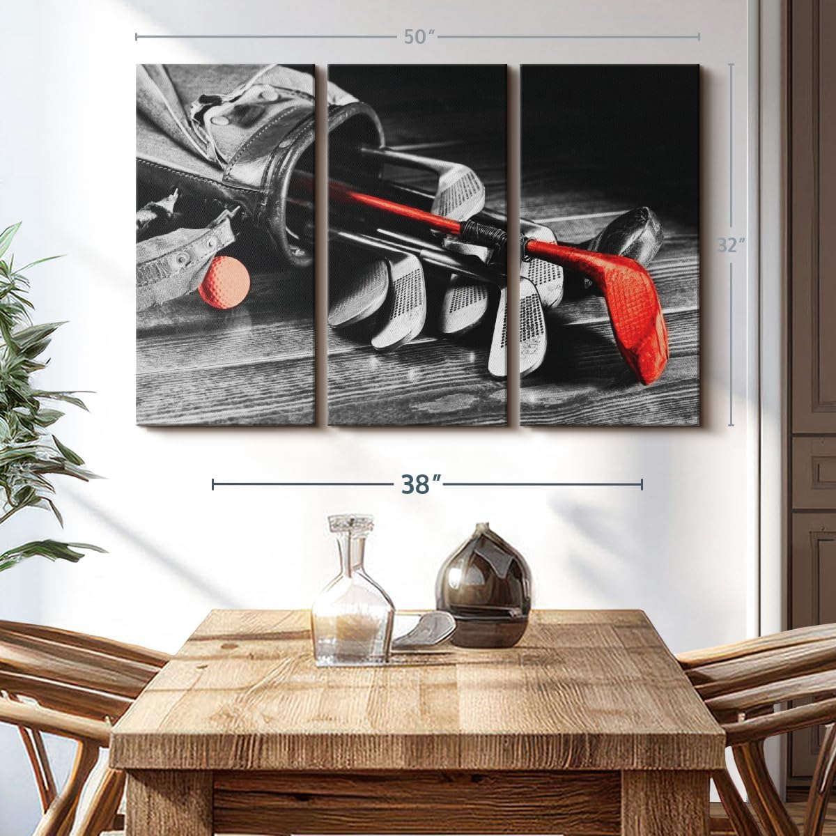 ElephantStock Golf Equipment Pop Wall Art - Horizontal Canvas - 3-Piece Living Room Wall Decor - Photography Sports Canvas Print - Black and Gray Decor for Wall - 50" X 32"
