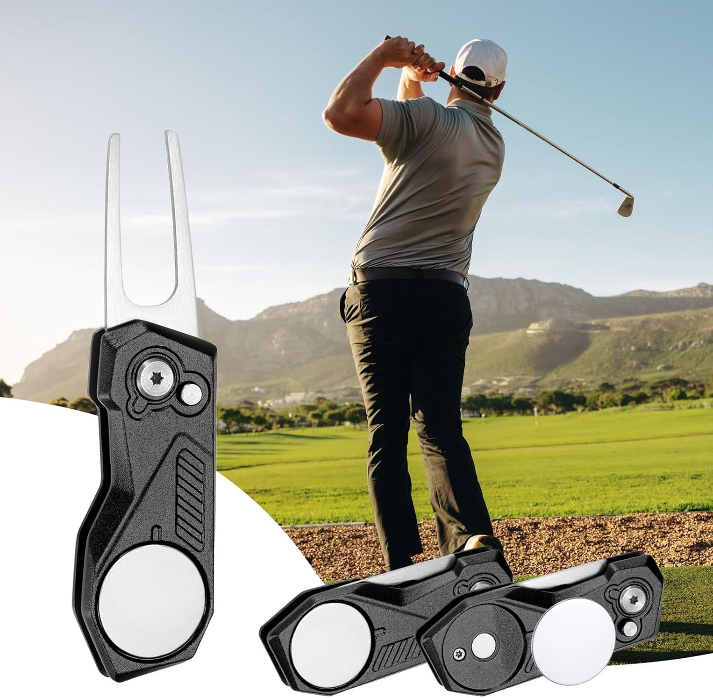 Golf Divot Repair Tool- Switch Foldable Divot Tool with Magnetic Ball Marker & Open Button Use for Golf Accessories