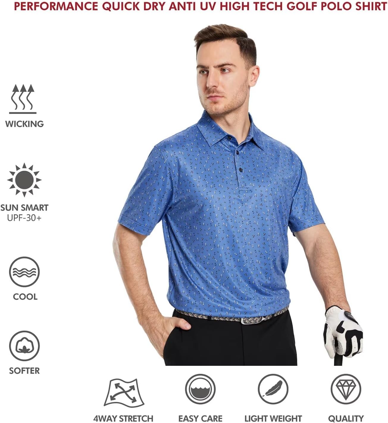 Golf Shirts for Men Dry Fit Short Sleeve Print Performance Moisture Wicking Polo Shirt
