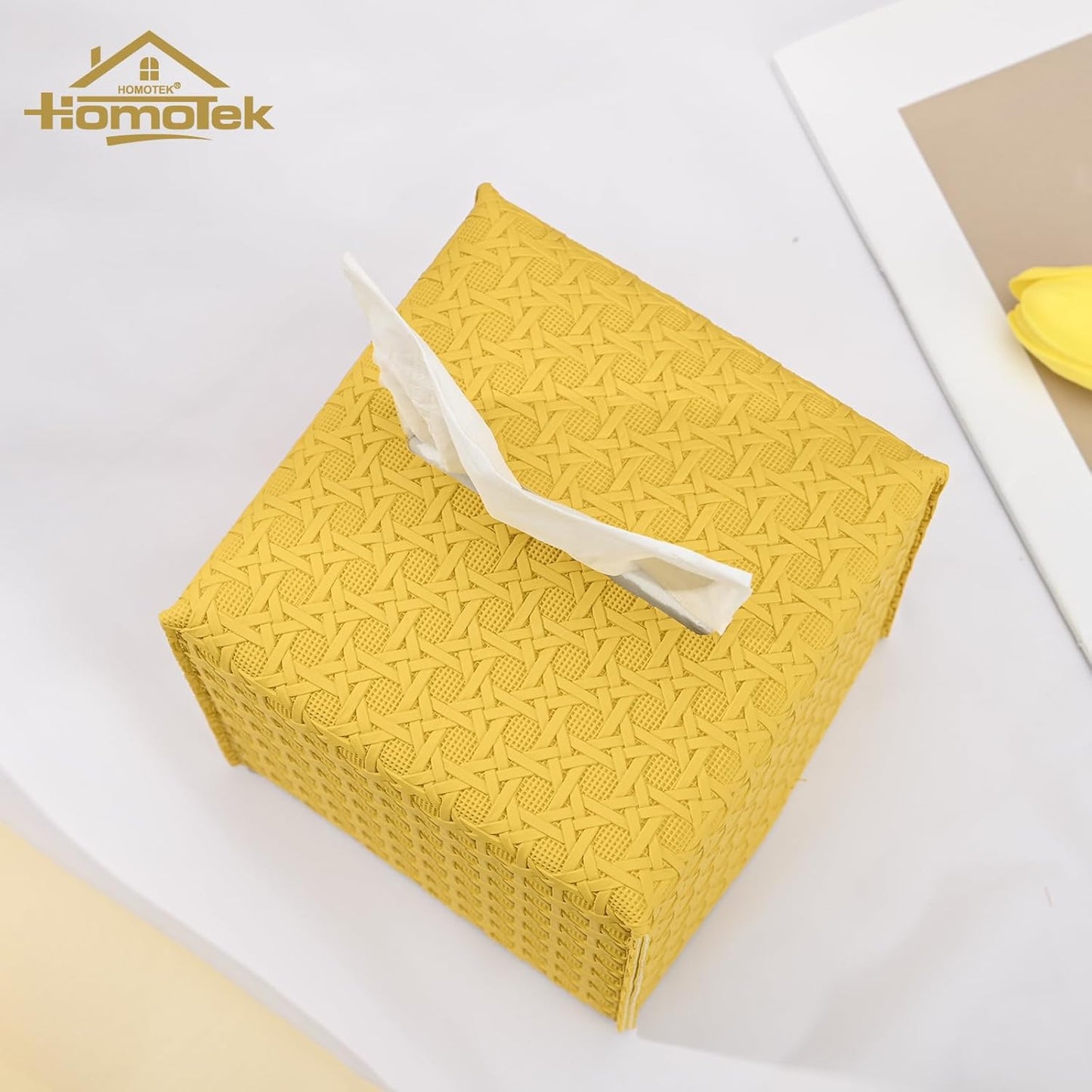 HOMOTEK 2 Pack Tissue Box Cover, Square PU Leather Tissue Holder, Decorative Facial Tissue Cube Paper Organizer Dispenser for Bathroom, Night Stands, Desk, Car 5X5X5'' - Rattan Weave,Mango Yellow