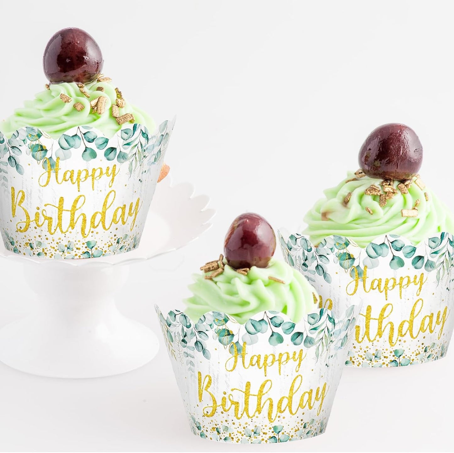 Whaline 36Pcs Happy Birthday Cupcake Wrappers Sage Green Eucalyptus Cupcake Liners Glitter Gold Birthday Decorative Cupcake Holders for Baby Shower Party Cake Decoration