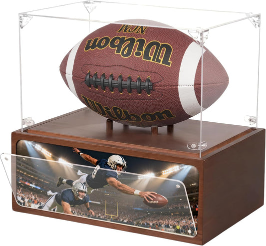 Football Display Case Stand with Solid Wood Base, Uv Protected Acrylic Rugby Case Display Clear Autographed Football Holder, Standard Memorabilia Keepsake Required Football Display Box
