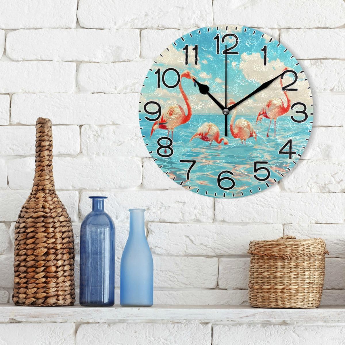 Flamingos Wall Clock Battery Operated Non Ticking Silent Quartz Analog Rustic Farmhouse Round Clock Retro Decor for Home Kitchen Living Room Bathroom4