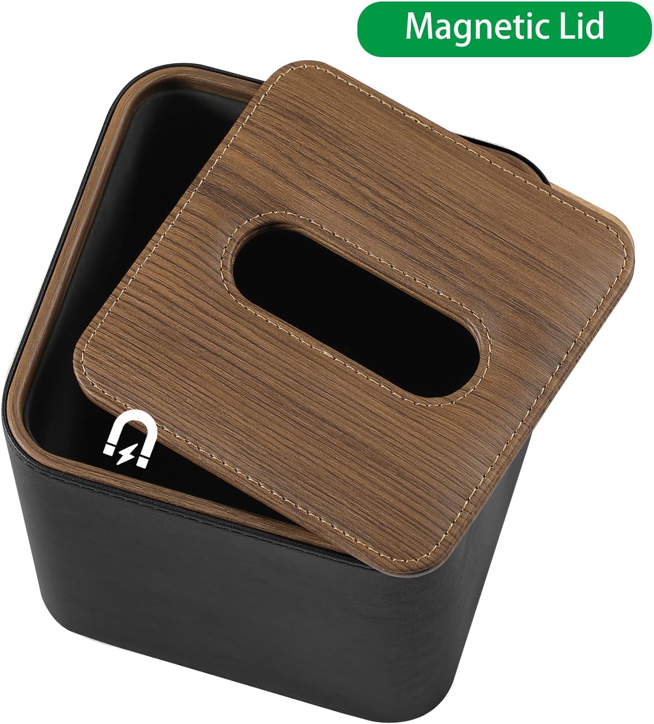 Tissue Box Cover Square, Modern PU Leather Tissue Holder with Magnetic Closure for Bathroom NightStands, Decorative Square Tissue Box Holder (Black)