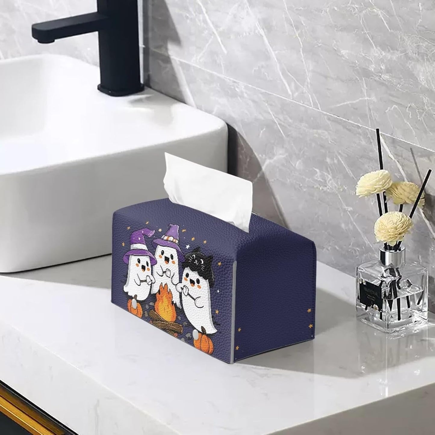 Halloween Tissue Box Cover Home Decor Cute Ghost Tissue Cover Leather Napkin Holder Organizer Rectangular Design Fit Size 9.7"x5.2"x5.12"