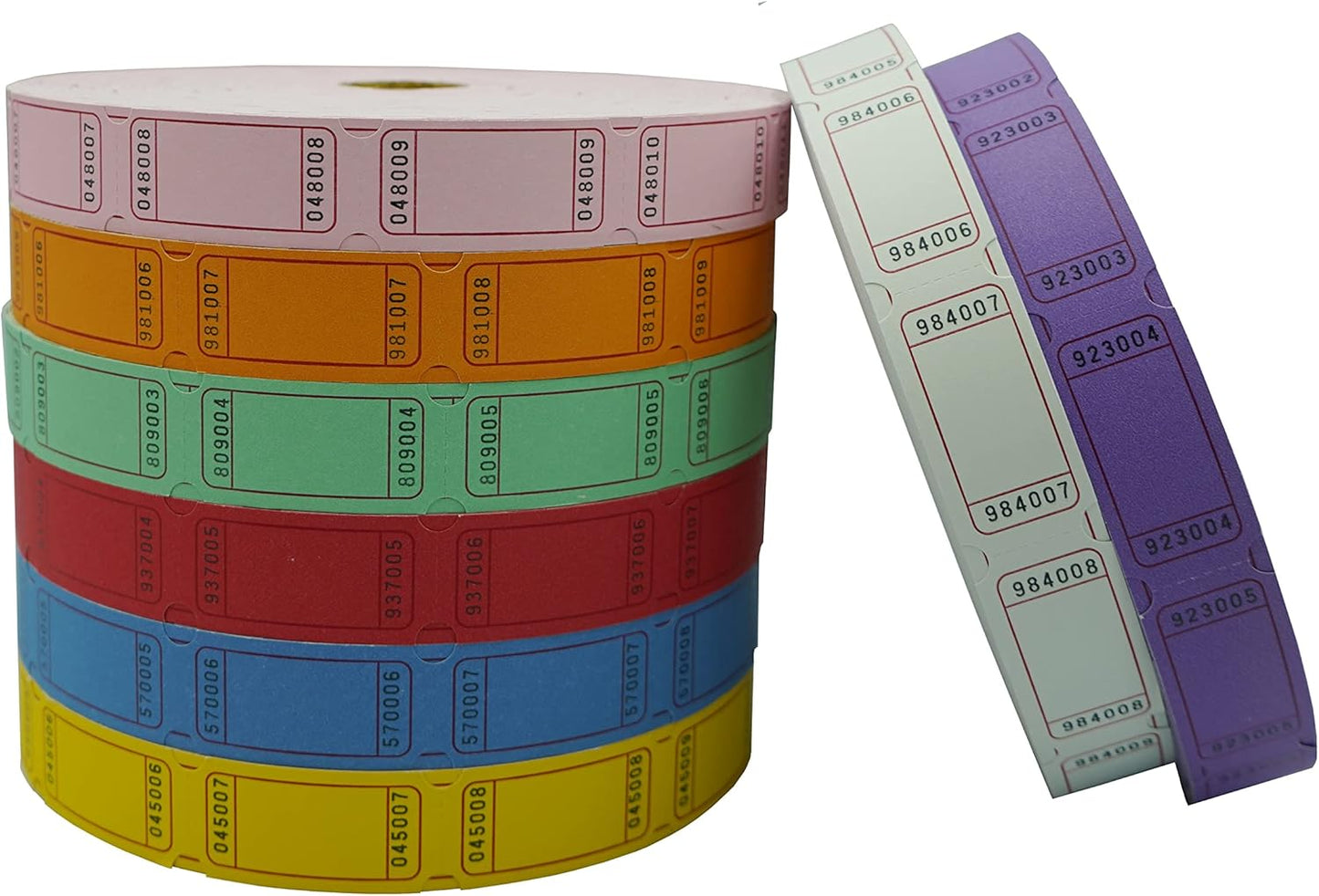 DNB 16000 Pcs Raffle Tickets - 8 Color Set of 2000 Pcs 2 x 1 Inch Single Roll Consecutively Numbered Blank Tickets - Pink/Red/White/Green/Blue/Yellow/Orange/Purple