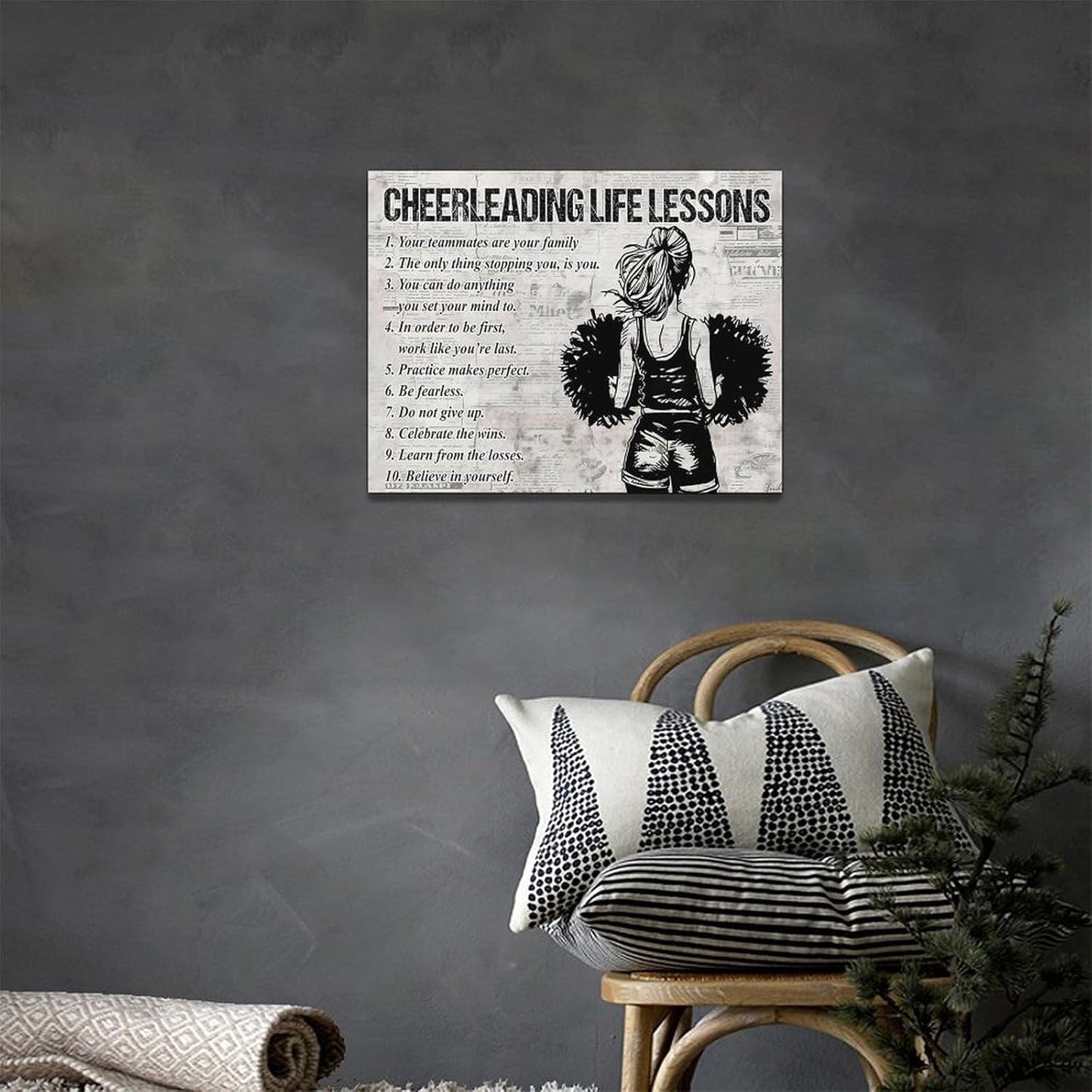 Cheerleading Wall Art Cheerleading Life Lessons Wall Decor Cheerleading Sign Retro Poster Girl Woman Room Decorations Canvas Print Painting Artwork for Bedroom Bathroom Living Room 16"x12"
