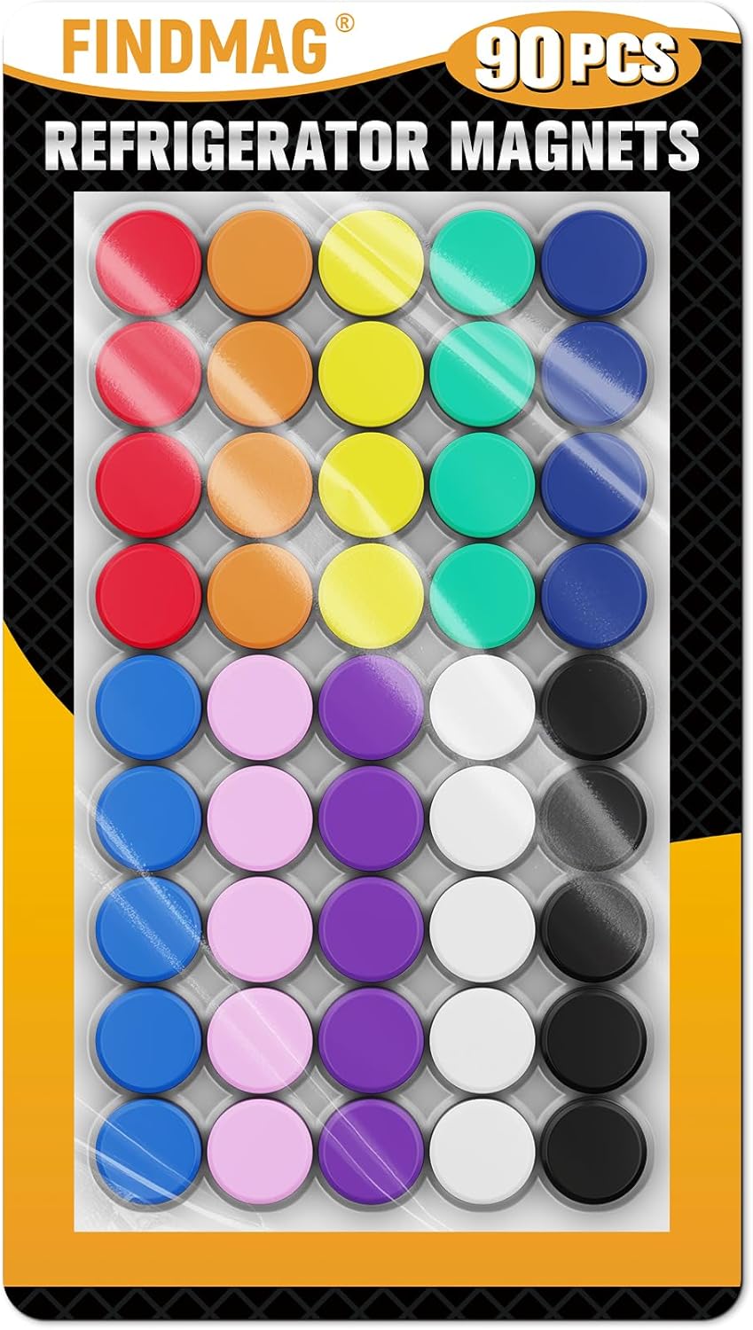FINDMAG 90 Pack Refrigerator Magnets, Round Fridge Magnets, Small Magnets for Whiteboard, Decorative Magnets, Office Magnets for School, Locker, WhiteBoard (10 Colors)