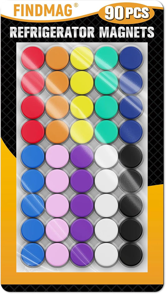 FINDMAG 90 Pack Refrigerator Magnets, Round Fridge Magnets, Small Magnets for Whiteboard, Decorative Magnets, Office Magnets for School, Locker, WhiteBoard (10 Colors)