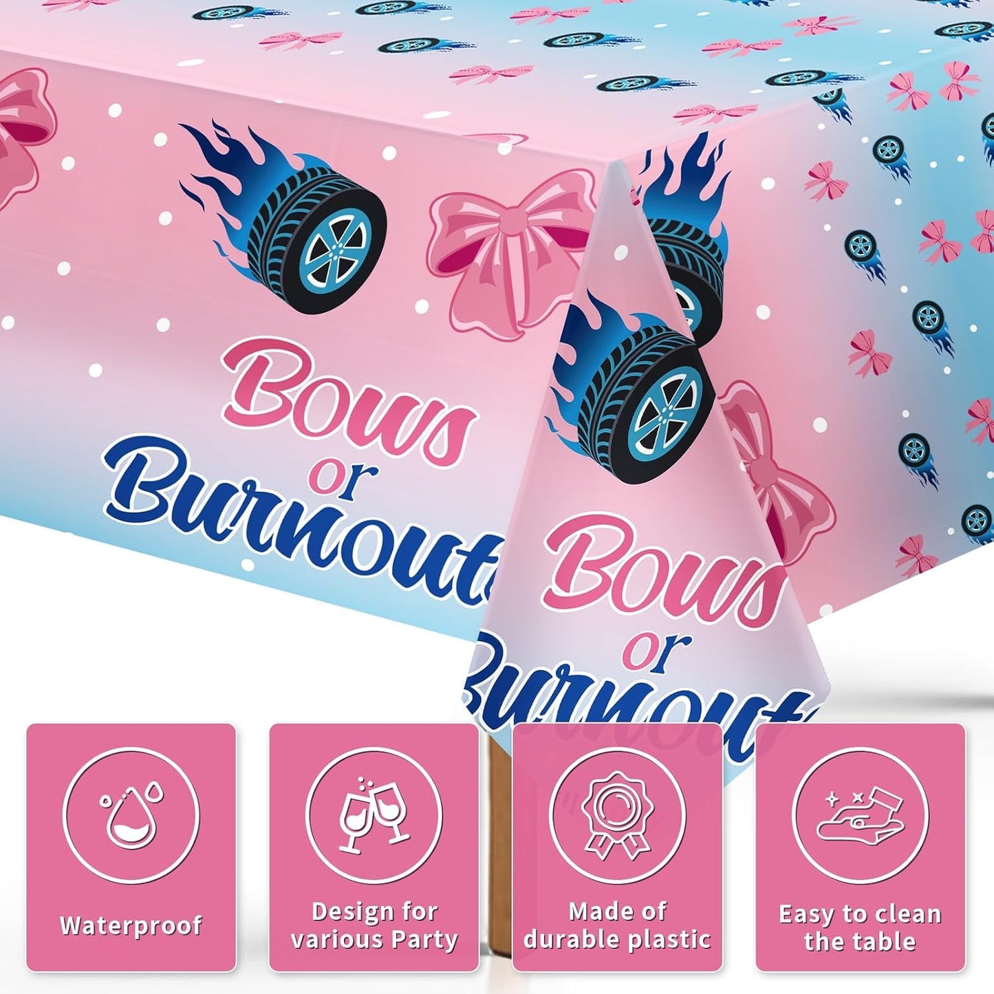 Grencian 3Pcs Burnouts or Bows Gender Reveal Tablecloth Boy or Girl Table Cover Plastic Rectangle He or She Table Cloth Party Decorations for Gender Reveal Baby Shower Party Supplies 54" x 107"