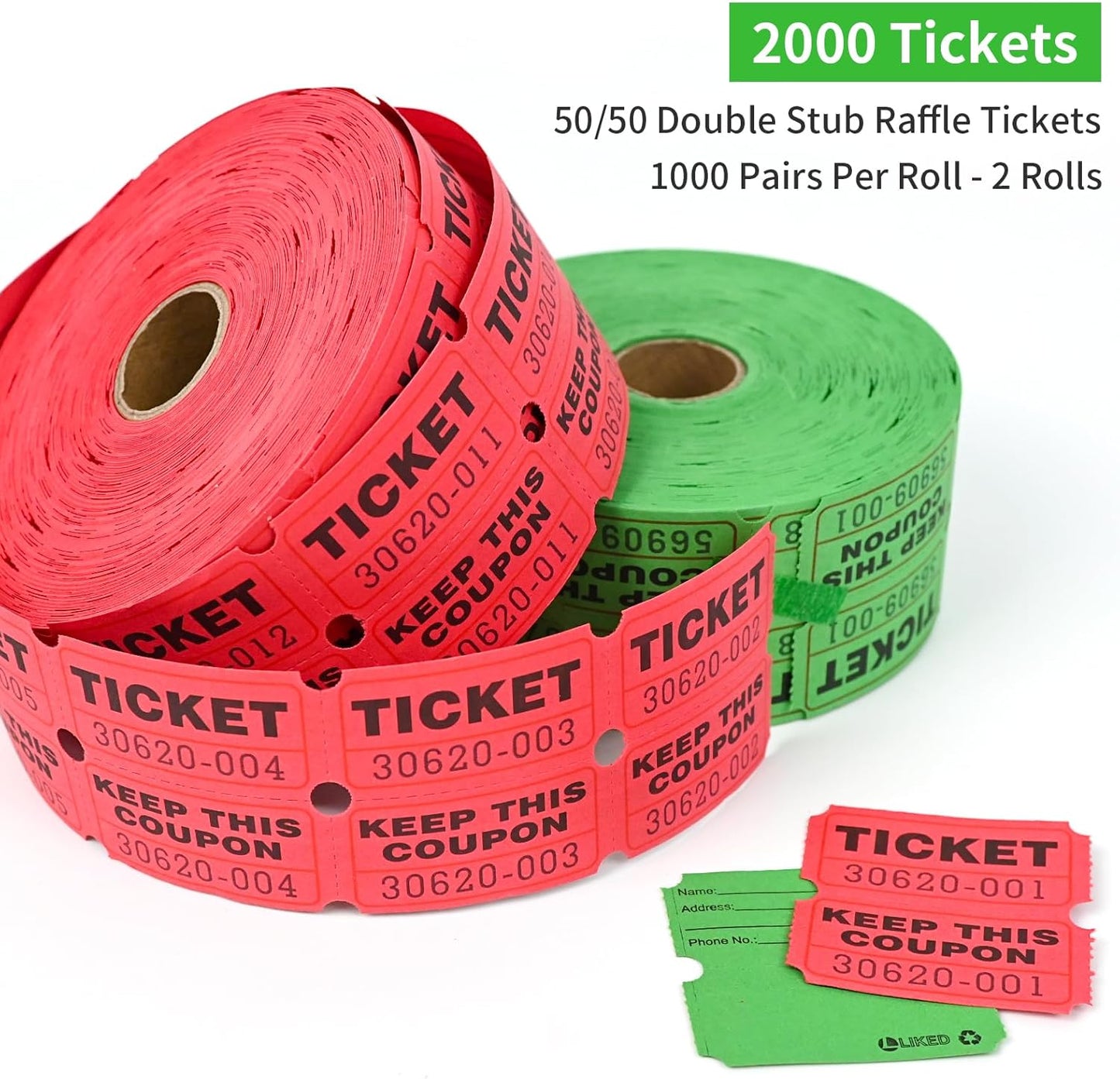 L LIKED 2000 Raffle Tickets Double Rolls 50/50 Stub Tickets with Consecutive Numbers 1000 Pairs per Roll,2 Rolls-Green,Red