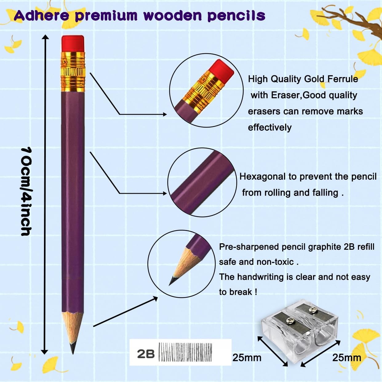 Adhere 25pcs Golf Pencils with eraser Hexagon Wooden Pencils Graphite 2B for Golf Event Scoring,Classroom,Wedding,Company Meetings,Pew, Pocket(Purple)