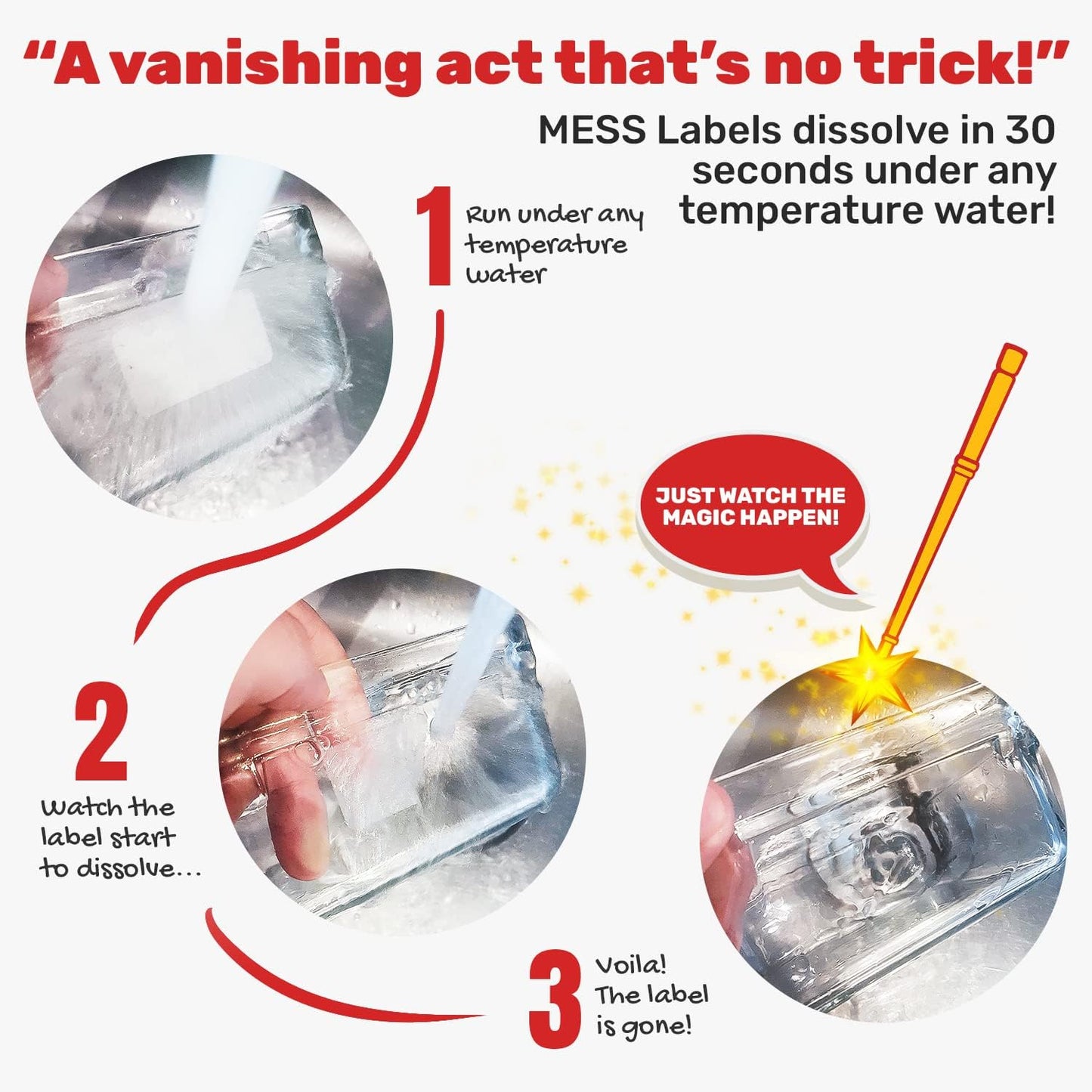MESS Dissolvable Food Labels, 1x3, 200/Roll - Dissolves in 30 Seconds or Less - Removable Pantry, Meal Prep & Food Storage Labels – Canning & Freezer Use