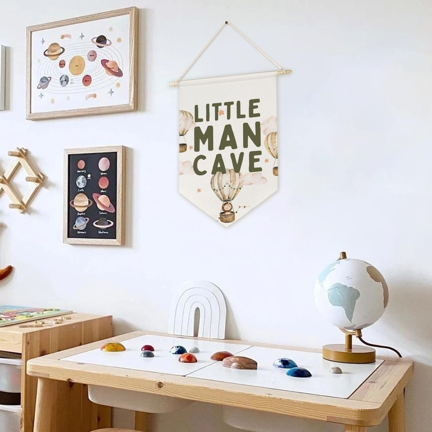 ArtisaEura Little Man Cave Wall Canvas Banners, Hot Air Balloon Nursery Decor, Baby Animal Hanging Display Pennant Banner Flags, Nursery Wall Decor for Kids Boys Room Bedroom Playroom