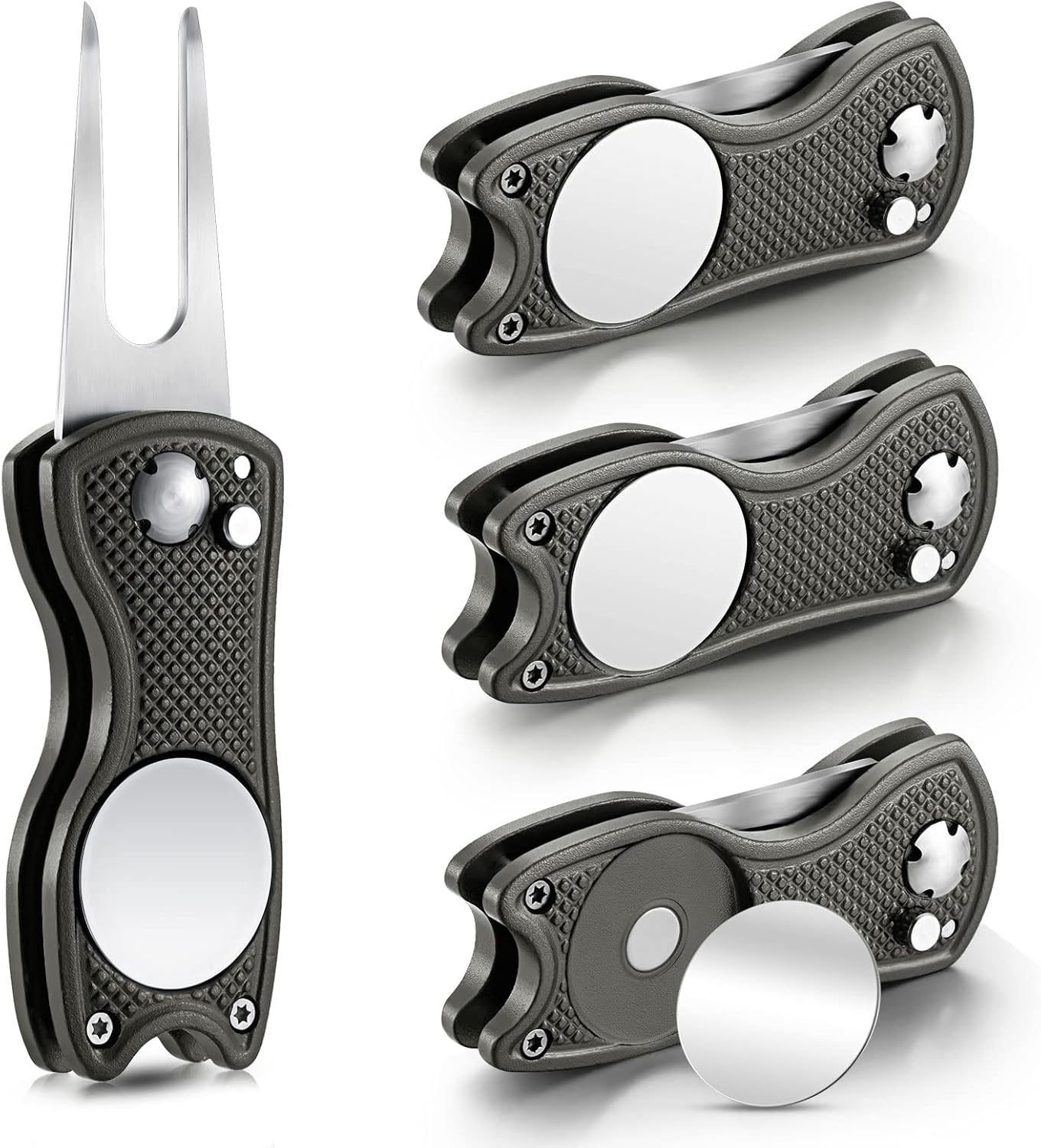 Skylety 4 Pcs Golf Divot Repair Tool Metal Foldable Golf Divot Tool with Magnetic Pop-up Button Ball Marker Stainless Steel Switchblade for Golfers Prizes