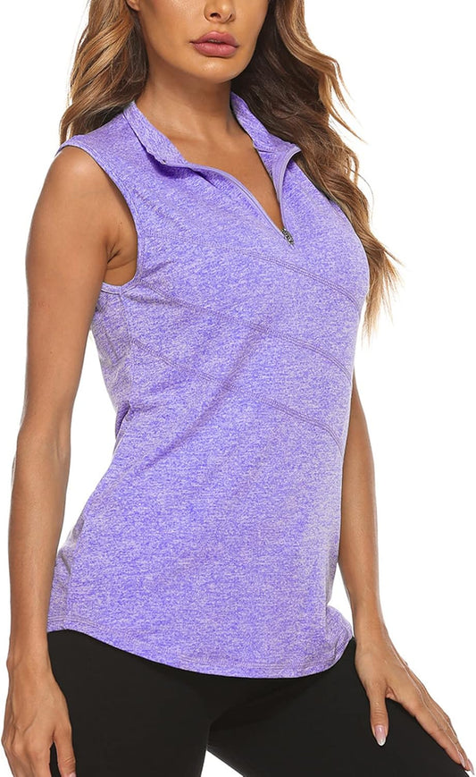 Koscacy Women's Sleeveless Golf Tennis Polo Shirts Zip Up Dry Fit Workout Tank Tops Athletic Shirt