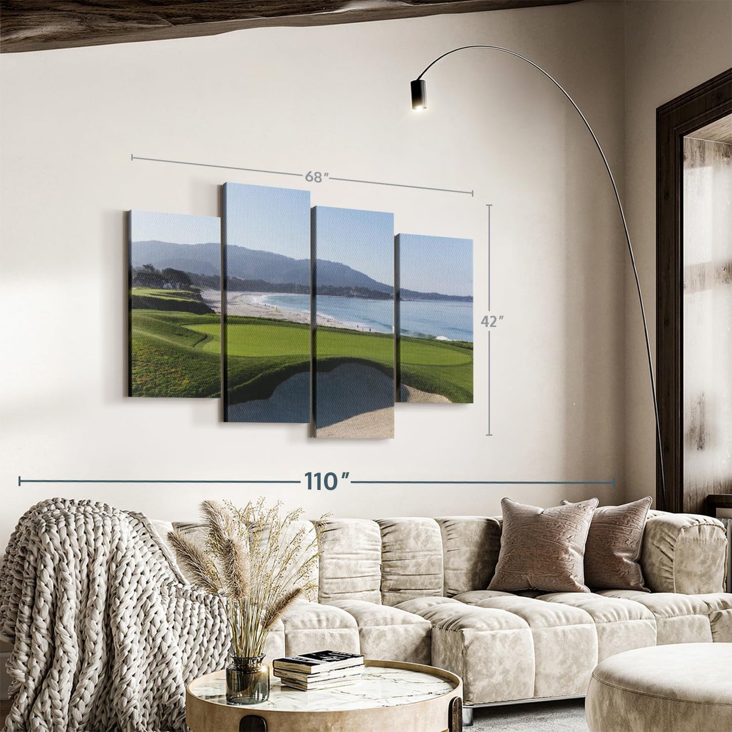 Elephant Stock Monterey CA Golf Course Wall Art - Horizontal Canvas - 4-Piece Living Room Wall Decor - Photography Sports Canvas Print - Blue and Green Decor for Wall - 68" X 42"