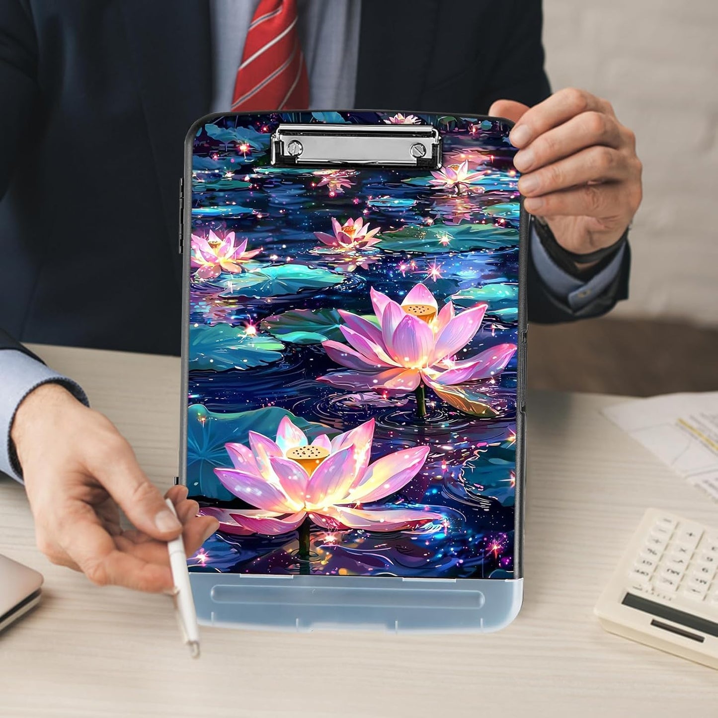 Clipboard with Storage - Large Capacity,Nursing Clipboard with Pen Holder,Heavy Duty,Plastic Side-Opening Folder for Teacher,Nurse - Lotus in The Pond