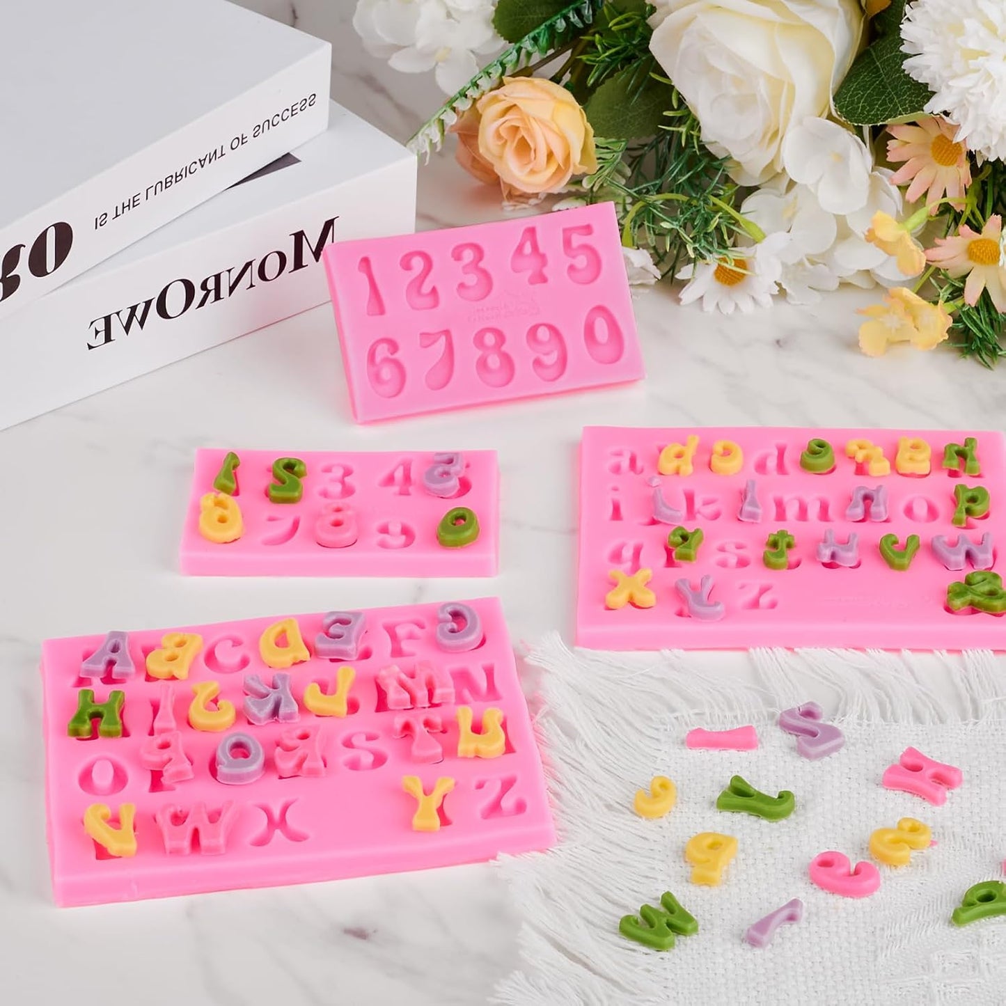 4 Pcs Silicone Letter Molds for Chocolate, 0-9 Number and 26 Alphabet Letter Molds Fondant Mold for Edible Cake Dessert Decorating