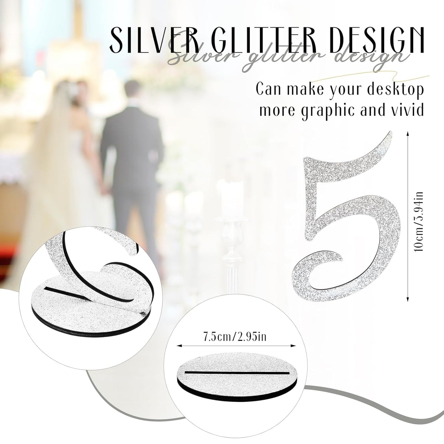 Glitter Table Numbers 1-25 Wooden Table Numbers for Wedding Reception Standing Seat Place Cards with Holder Base for Wedding Party Event Catering Receptions Banquets(Sliver)