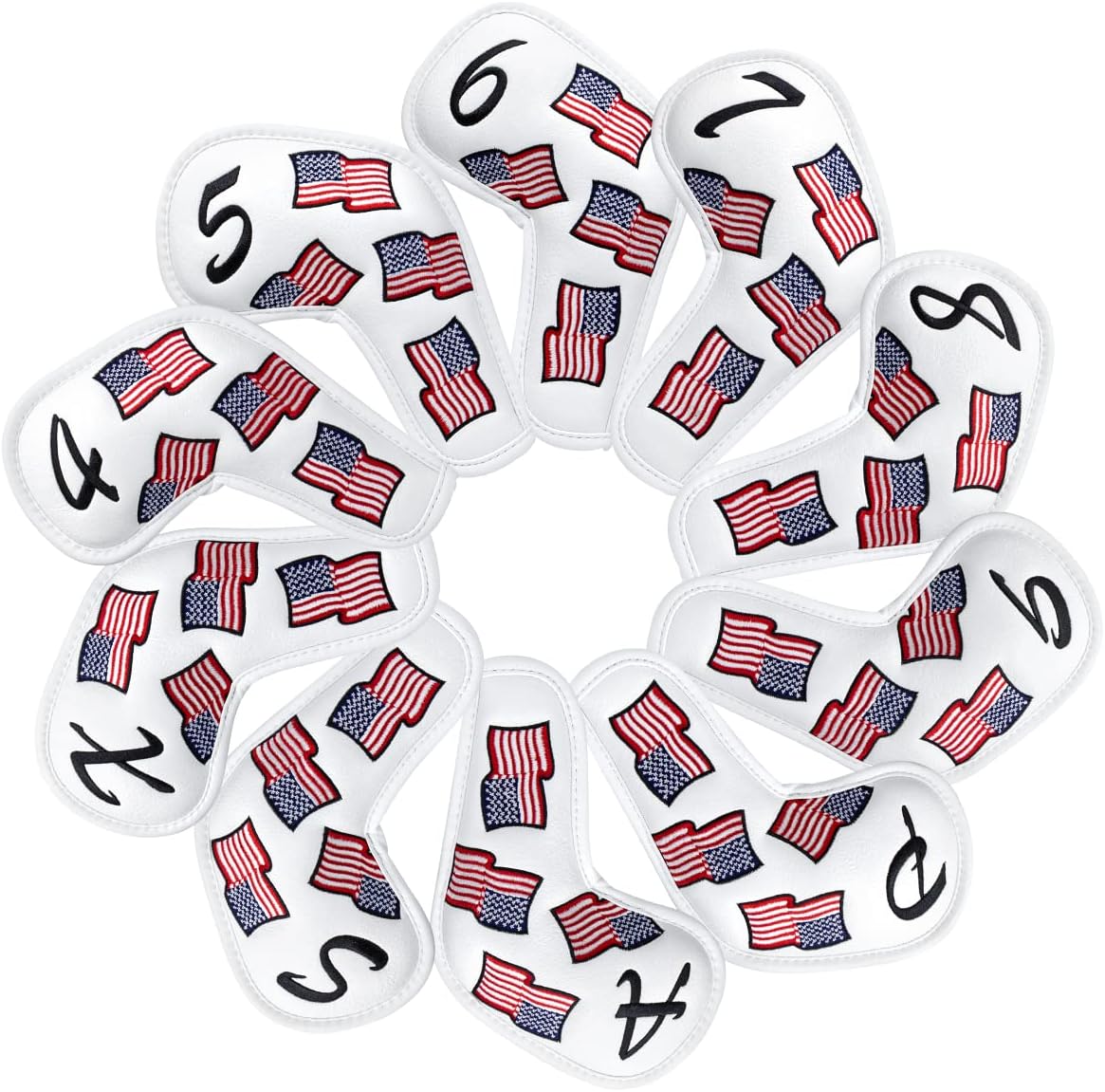 US Flag Golf Iron Covers Headcovers - 10pcs Patriotism Golf Club Covers for Irons - White Synthetic Leather Golf Iron Wedge Head Covers fits for PXG, Taylormade, Mizuno JPX MP, Etc.