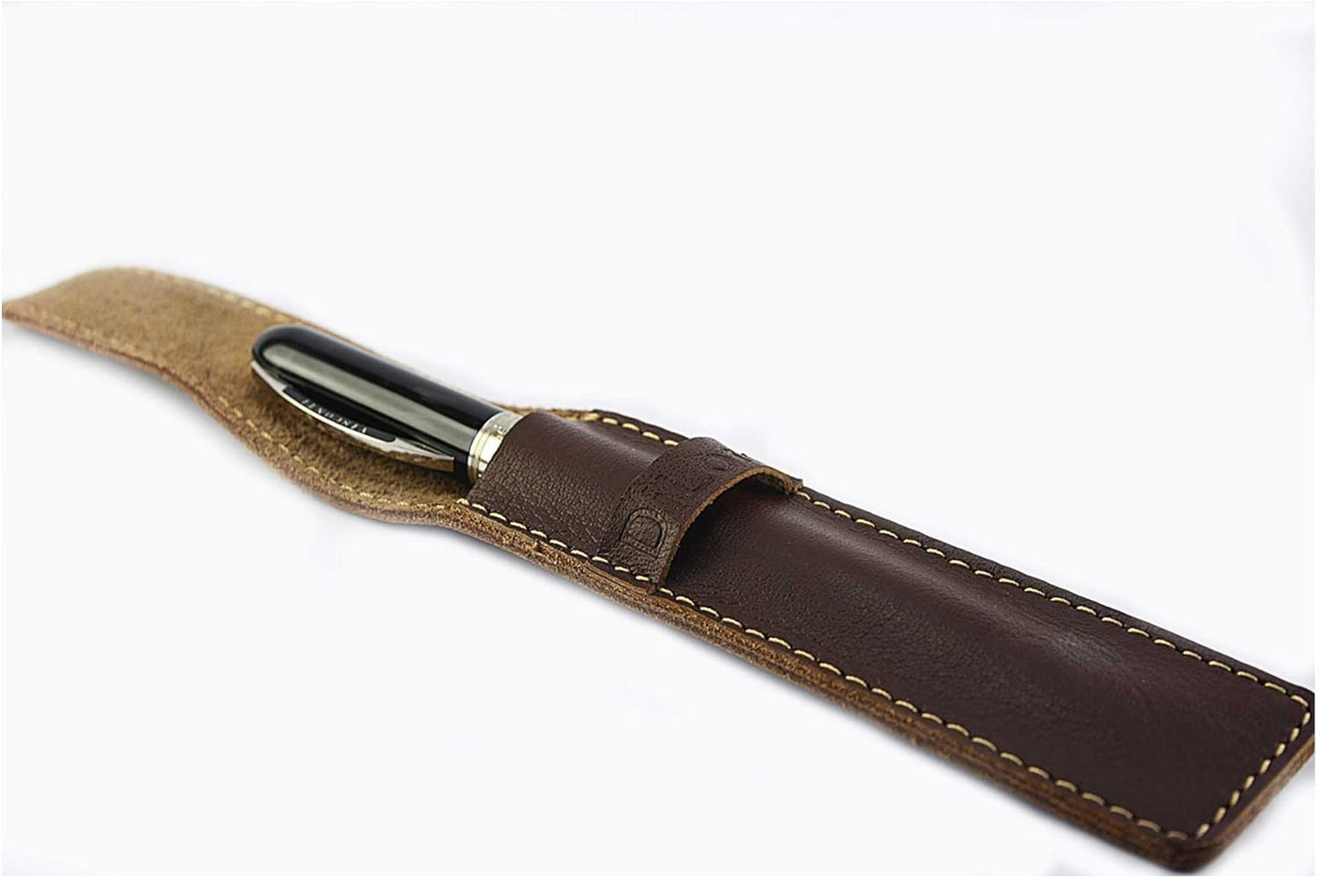 DiLoro Full Grain Thick Genuine Single Leather Pen Case Holder Pouch Pen Protector Pencil pencase (Buffalo Brown)