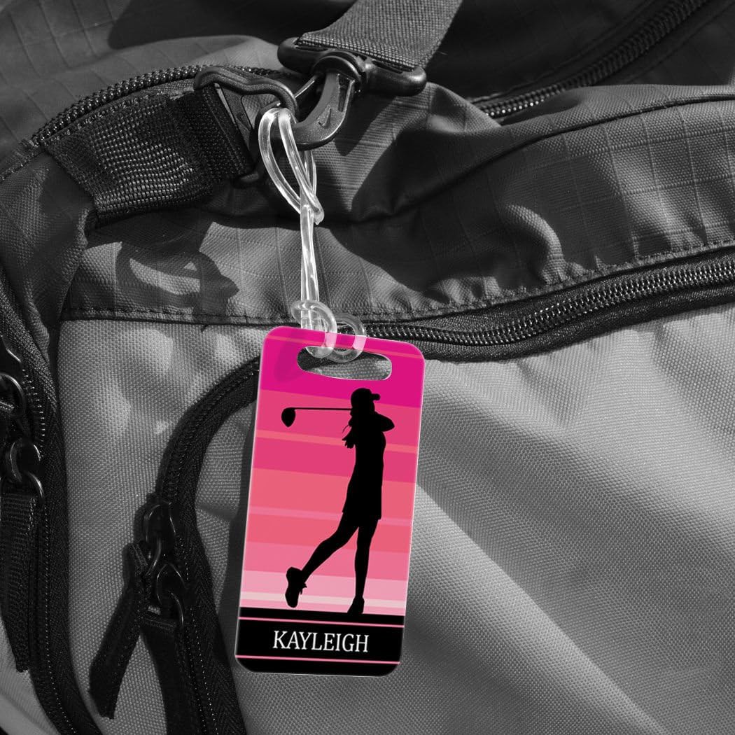 ChalkTalkSPORTS Golf Luggage & Bag Tag | Personalized Female Golfer | Standard Lines on Back | Small | Pink