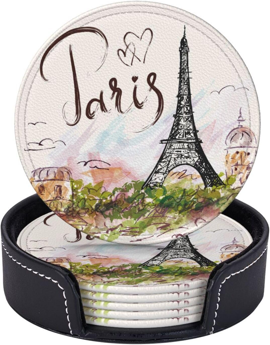 Pretty Paris Romantic Eiffel Tower Coasters for Drinks Round Leather Coaster with Holder Set of 6 for Tabletop Protection Desk Accessories Office Home Room Decor