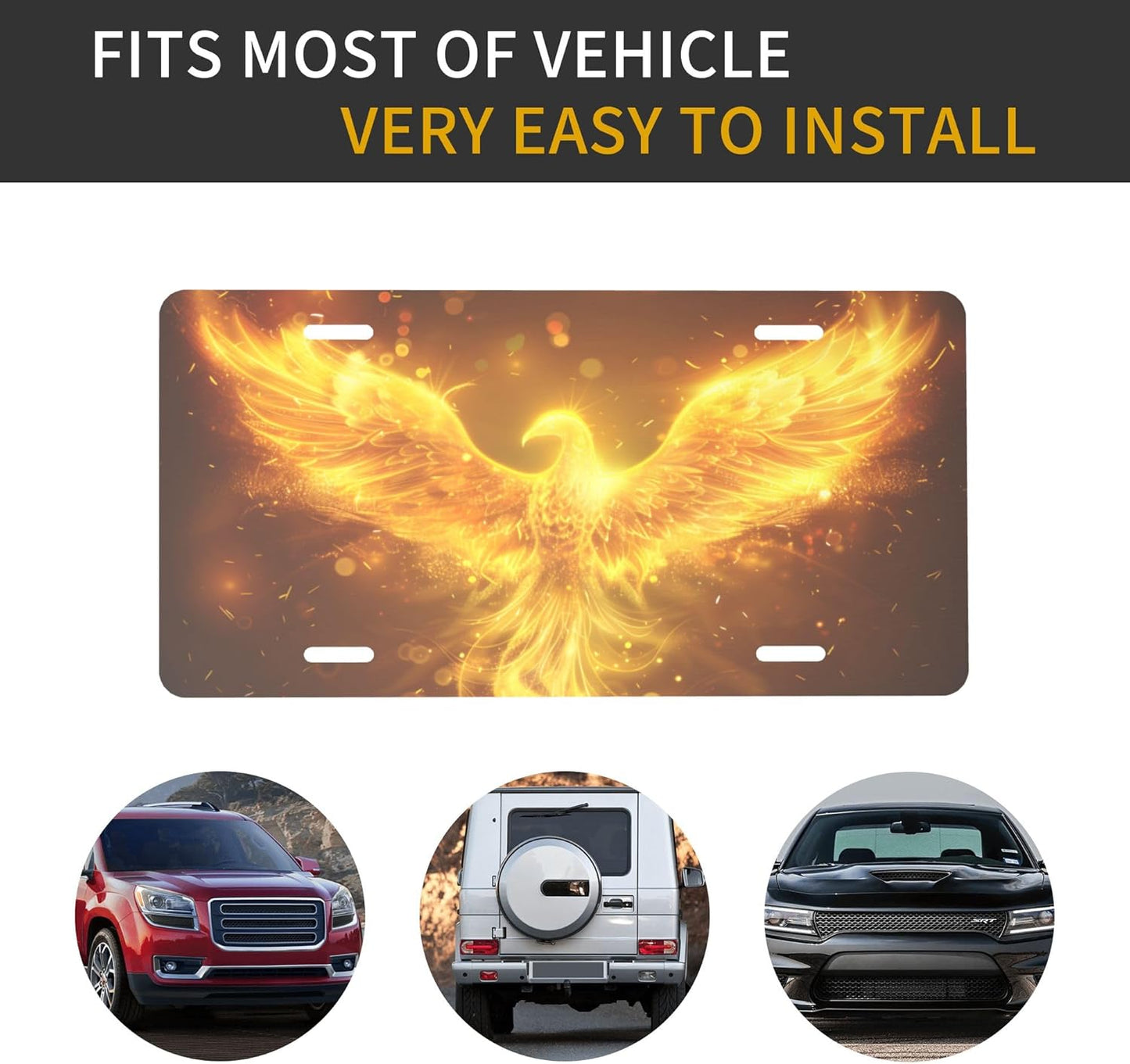 Golden Animal Bird Phoenix Front License Plate for Car Designs Stainless License Plate Cover Holder for Men Women Metal Aluminum Decorative Accessory Vanity Tag Standard 6 X 12 Inch (4 Holes)