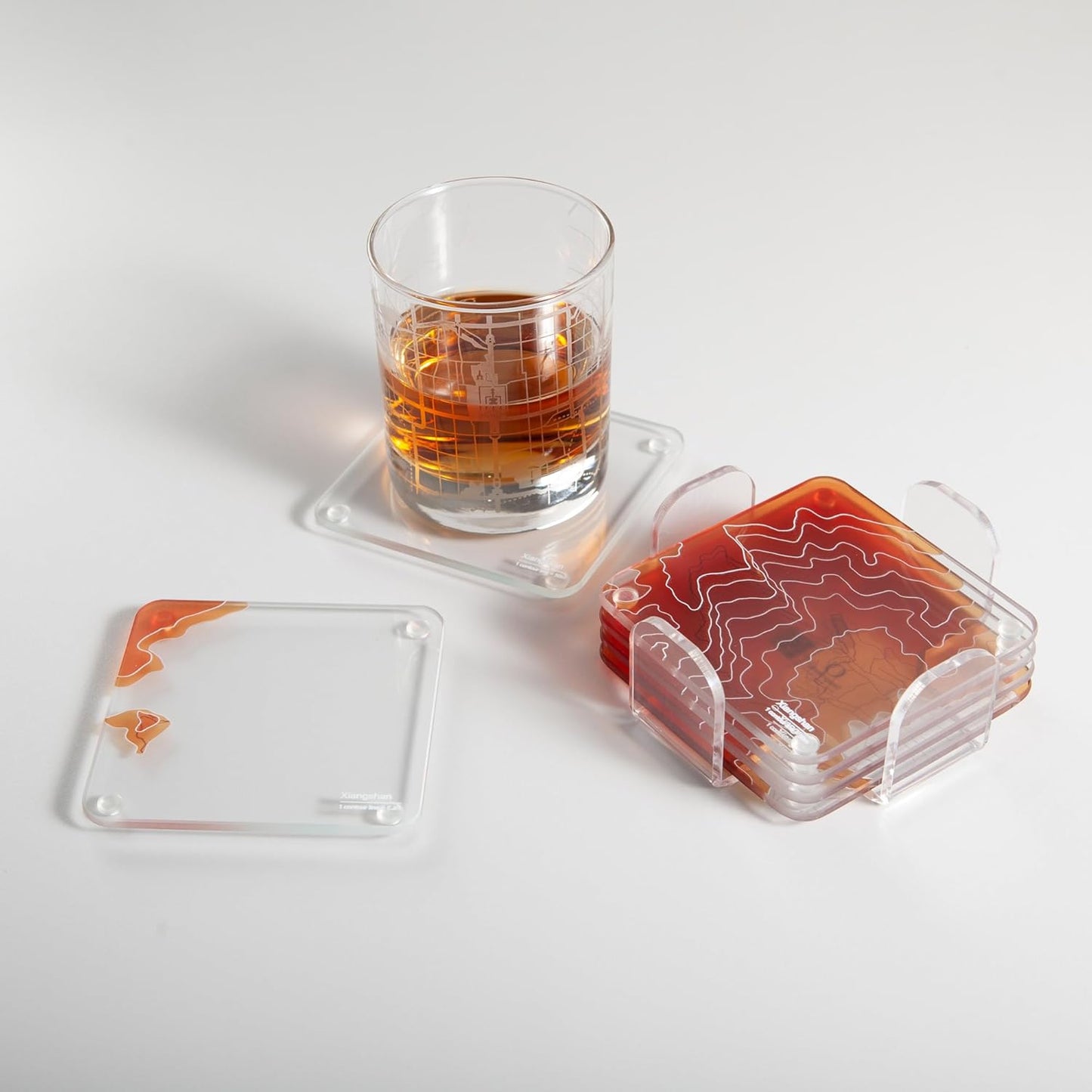 Xiangshan, BJ 3D Contour Map Glass Drink Coasters of Mountains, Ski Resort, Set of 6 with Holder, Housewarming Birthday Gifts, Home Decor