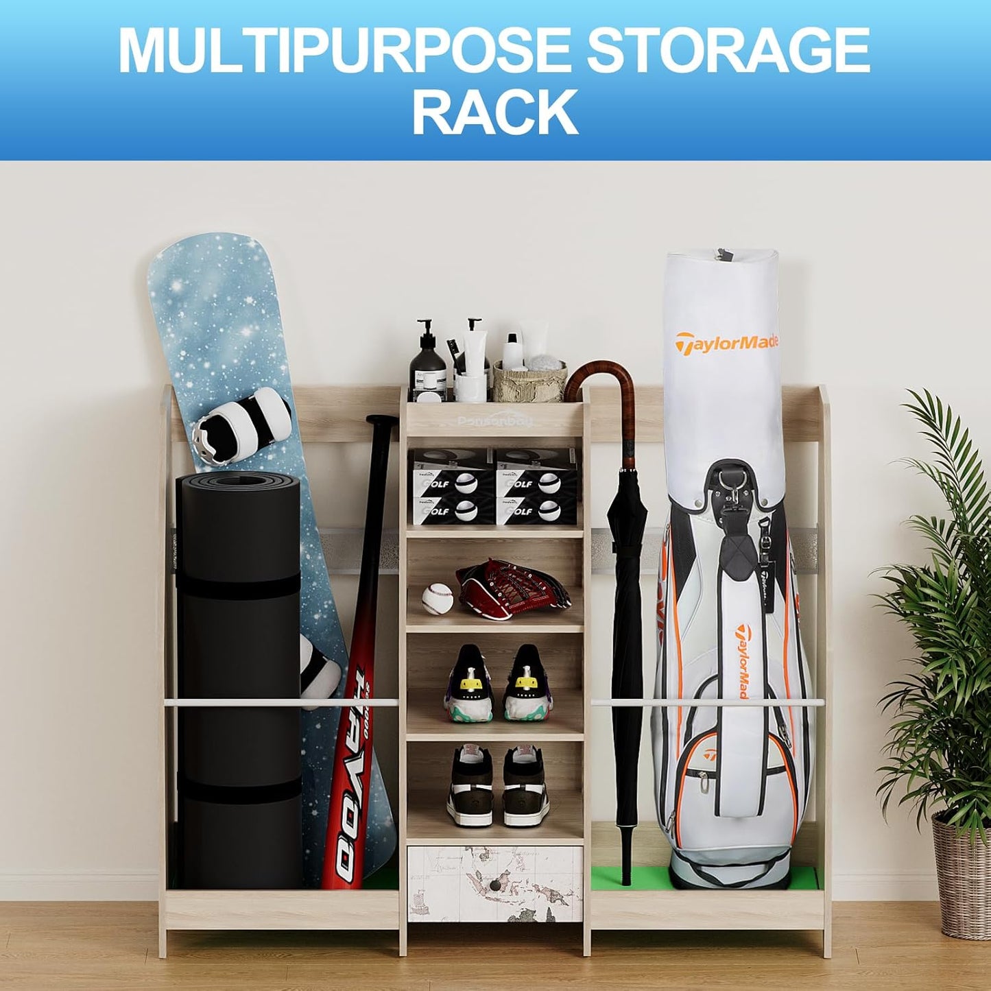 Golf Bag Storage Organizer for Garage, Premium Wooden 2 Golf Bags Rack with Drawer, Easy Assemble Golf Club Stand/Holder Suitable for Garage Home Simulator and Office