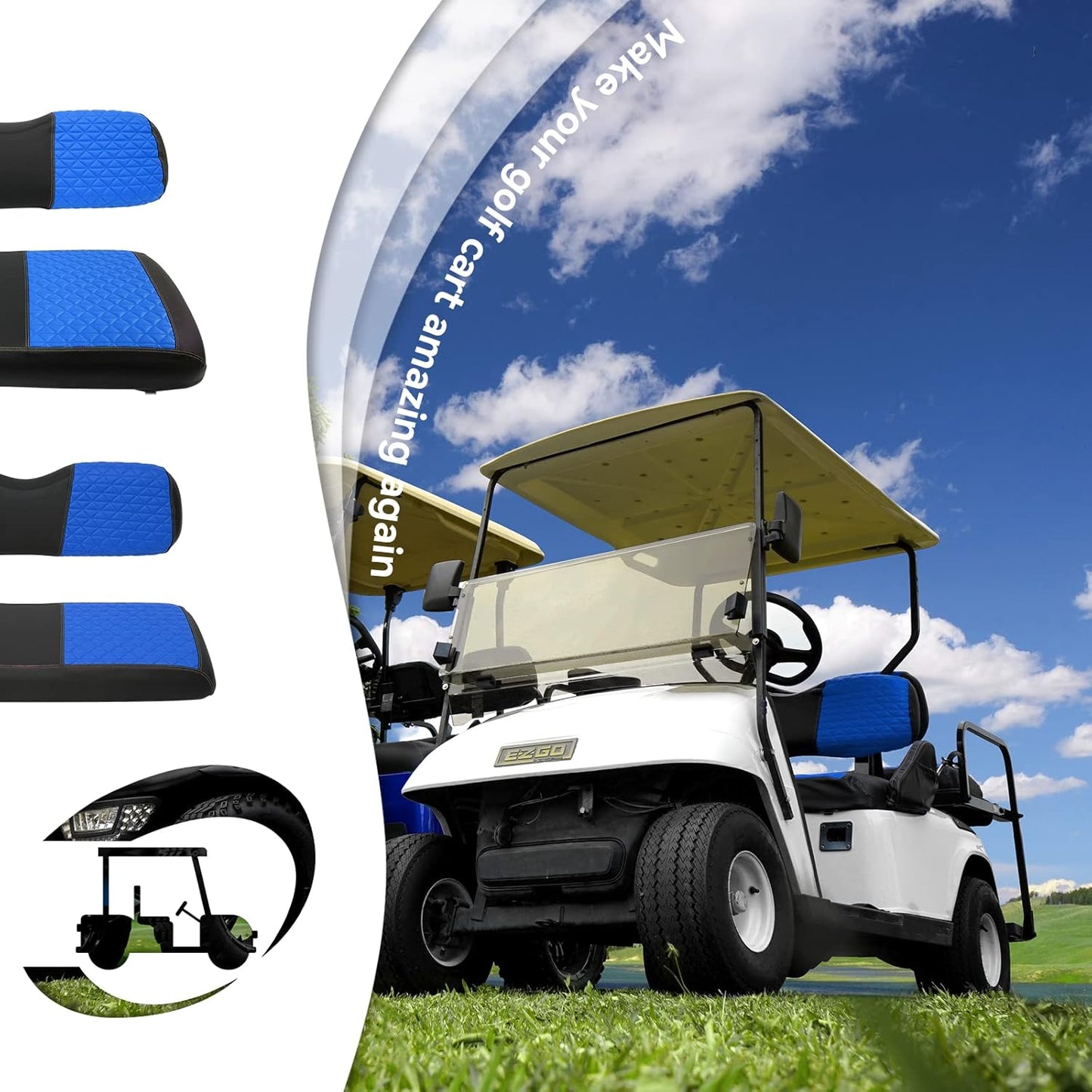 XUANYUDG0769 Golf Cart Front and Rear Seat Covers for EZGO TXT/RXV Club Car DS/Precedent Yamaha G29, Vinyl Leather Made/Adjustable Straps and Retractable Buckle/No Stapler Required,4PCS