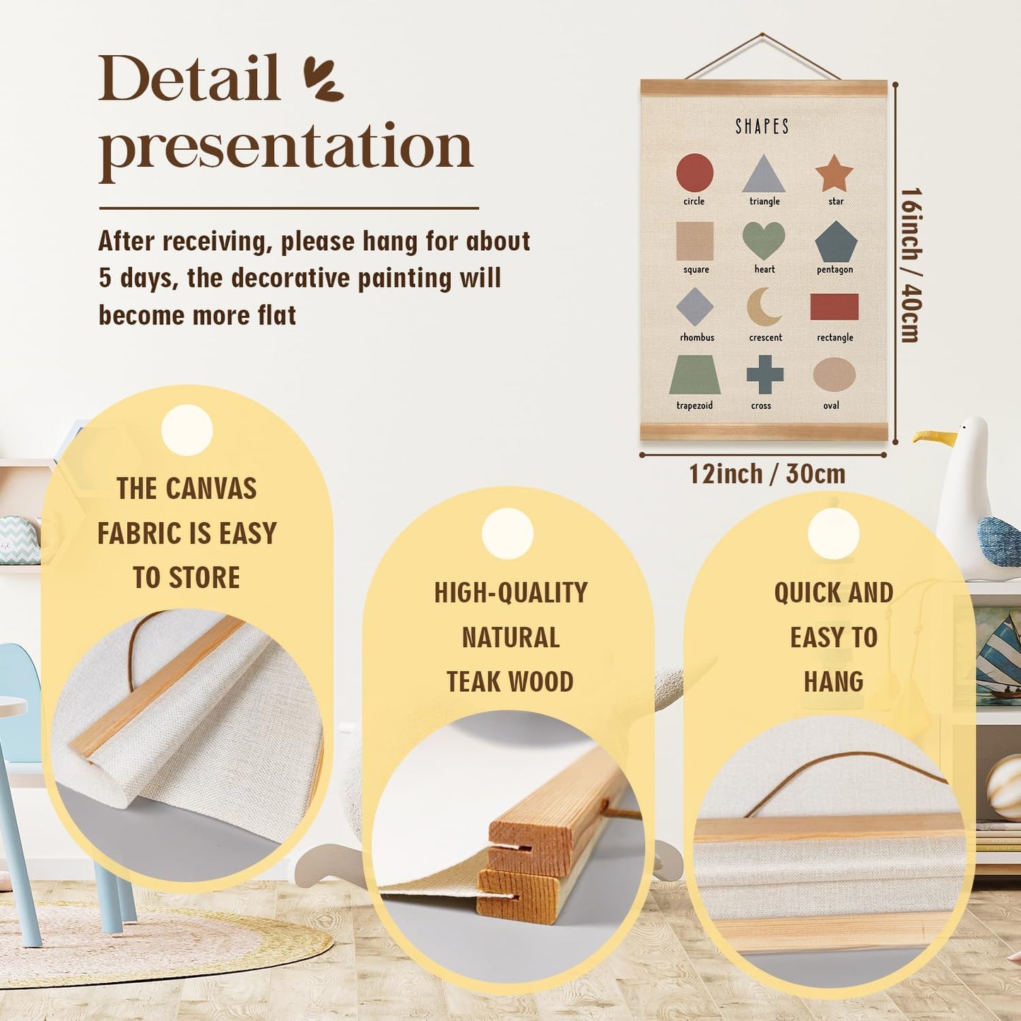 ZTGDA Shapes Educational Wall Art, Toddler Learning Posters, Shapes Learning Poster Hanger Frame Wall Decor for Classroom Nursery Kids Room Playroom Preschool Decor (12x16inch)