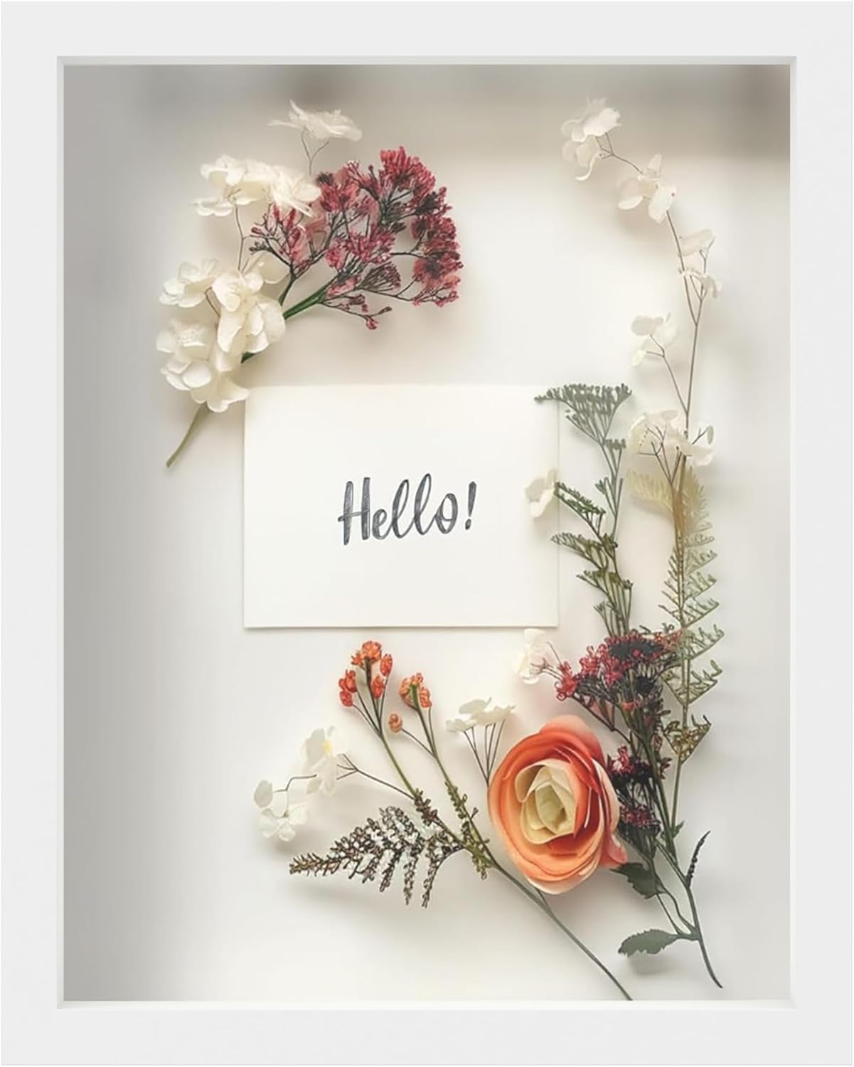 FrameWorks 11” x 14” White Wooden Shadow Box Frame – Display Case with Soft Felt Back, Memory Box with Tempered Glass, Display Box with Elegant White Ball Push Pins, Wooden Flower Box