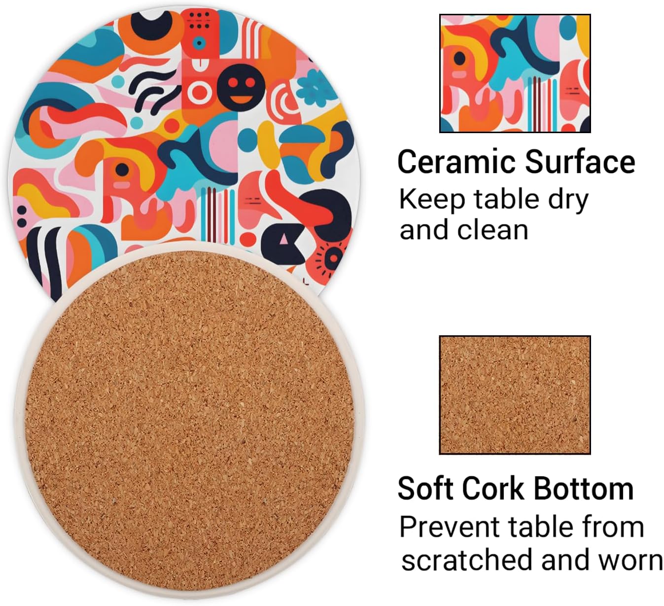 Ceramic Coasters for Drinks with Cork Back, Colorful Abstract Shapes 4 Inch Absorbent Coaster Set 2 Pack, Quick Dry Non-Slip Coaster Mats for Home, Office, Bar