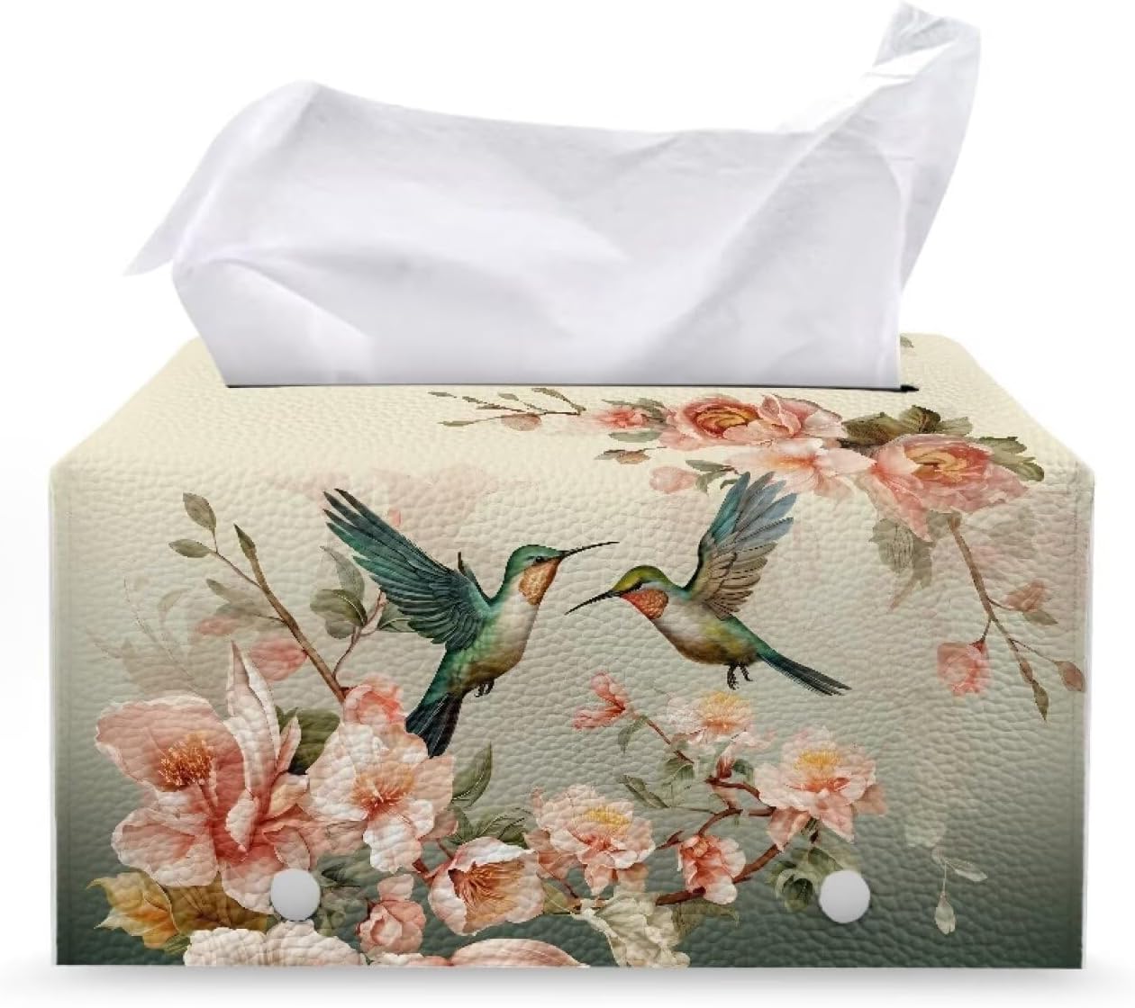 Rectangular Tissue Box Cover Floral Hummingbird PU Leather Tissue Cover Decorative Organizer with Bottom Belt Vintage Tissue Box Organizer for Home, Tabletop, Night Stands