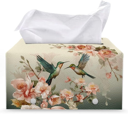 Rectangular Tissue Box Cover Floral Hummingbird PU Leather Tissue Cover Decorative Organizer with Bottom Belt Vintage Tissue Box Organizer for Home, Tabletop, Night Stands