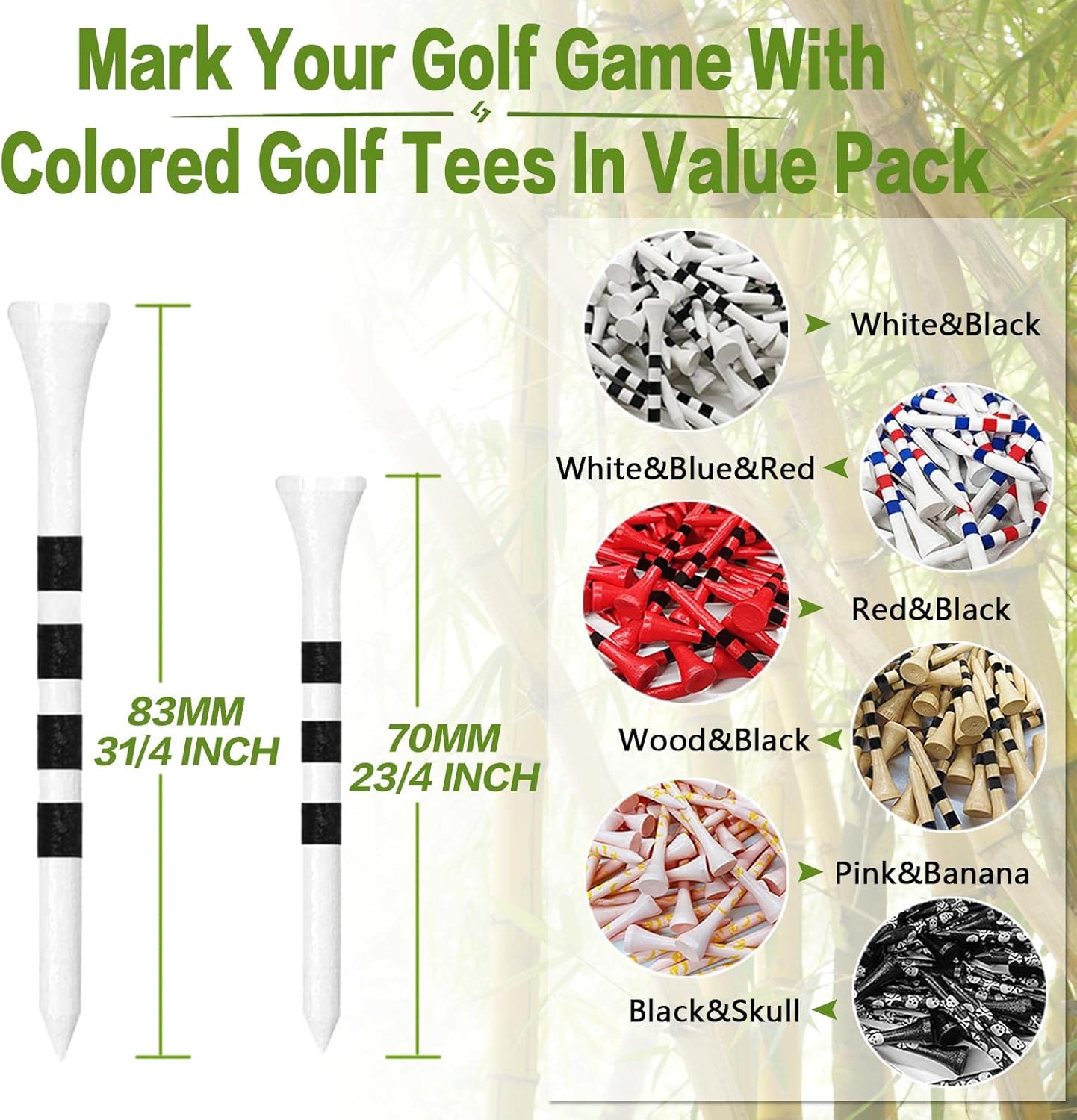 FINGER TEN Golf Tees Wood 3 1/4 2 3/4 Inch Wooden Bamboo 50/120 Count, Durable Biodegradable Colored Bulk Tee 70mm 83mm