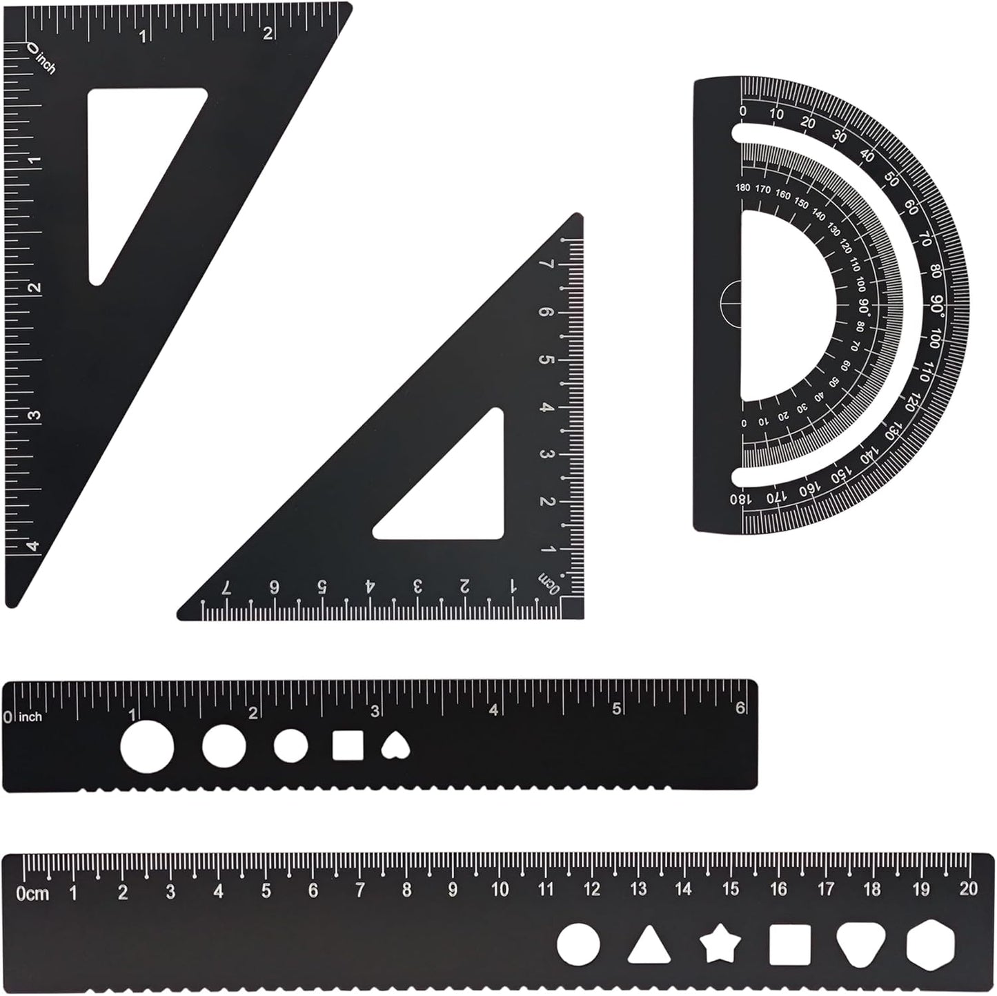 5 Pcs Metal Geometry Set, Math Drafting Ruler Kit- Aluminum Triangle Rulers, Protractor, 8 Inch and 6 Inch Drawing Ruler, Measuring Tool for School and Office (Metric and Imperial, Black)
