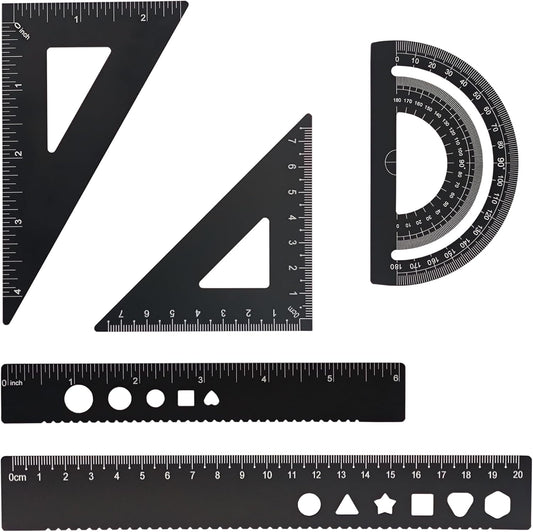 5 Pcs Metal Geometry Set, Math Drafting Ruler Kit- Aluminum Triangle Rulers, Protractor, 8 Inch and 6 Inch Drawing Ruler, Measuring Tool for School and Office (Metric and Imperial, Black)