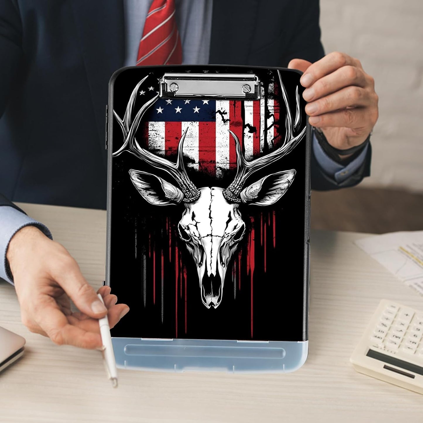 Clipboard with Storage - Large Capacity,Nursing Clipboard with Pen Holder,Heavy Duty,Plastic Side-Opening Folder for Teacher,Nurse - Deer Skull American Flag