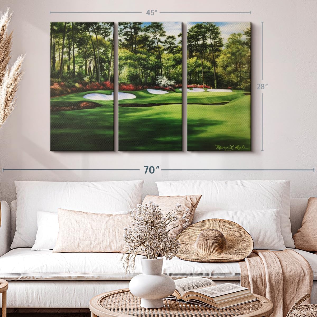 ElephantStock Augusta National 13th Hole I Wall Art - Horizontal Canvas - 3-Piece Living Room Wall Decor - Painting Sports Canvas Print - Green and Red Decor for Wall by Marci Rule - 45" X 28"