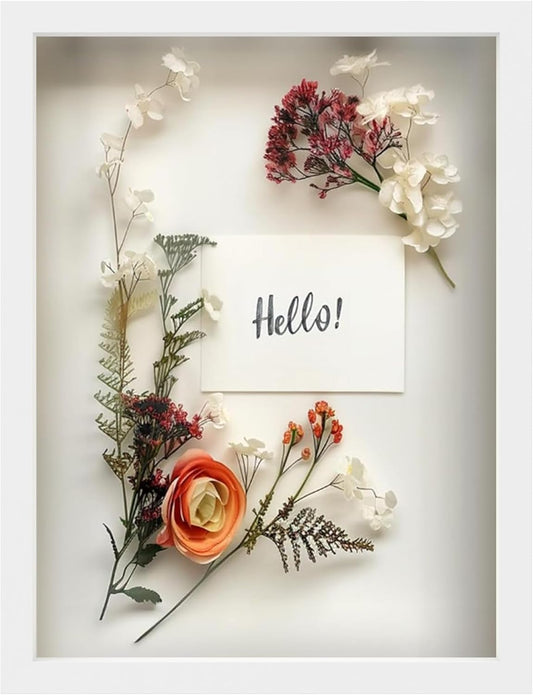 FrameWorks 12” x 16” White Wooden Shadow Box Frame – Display Case with Soft Felt Back, Memory Box with Tempered Glass, Display Box with Elegant White Ball Push Pins, Wooden Flower Box