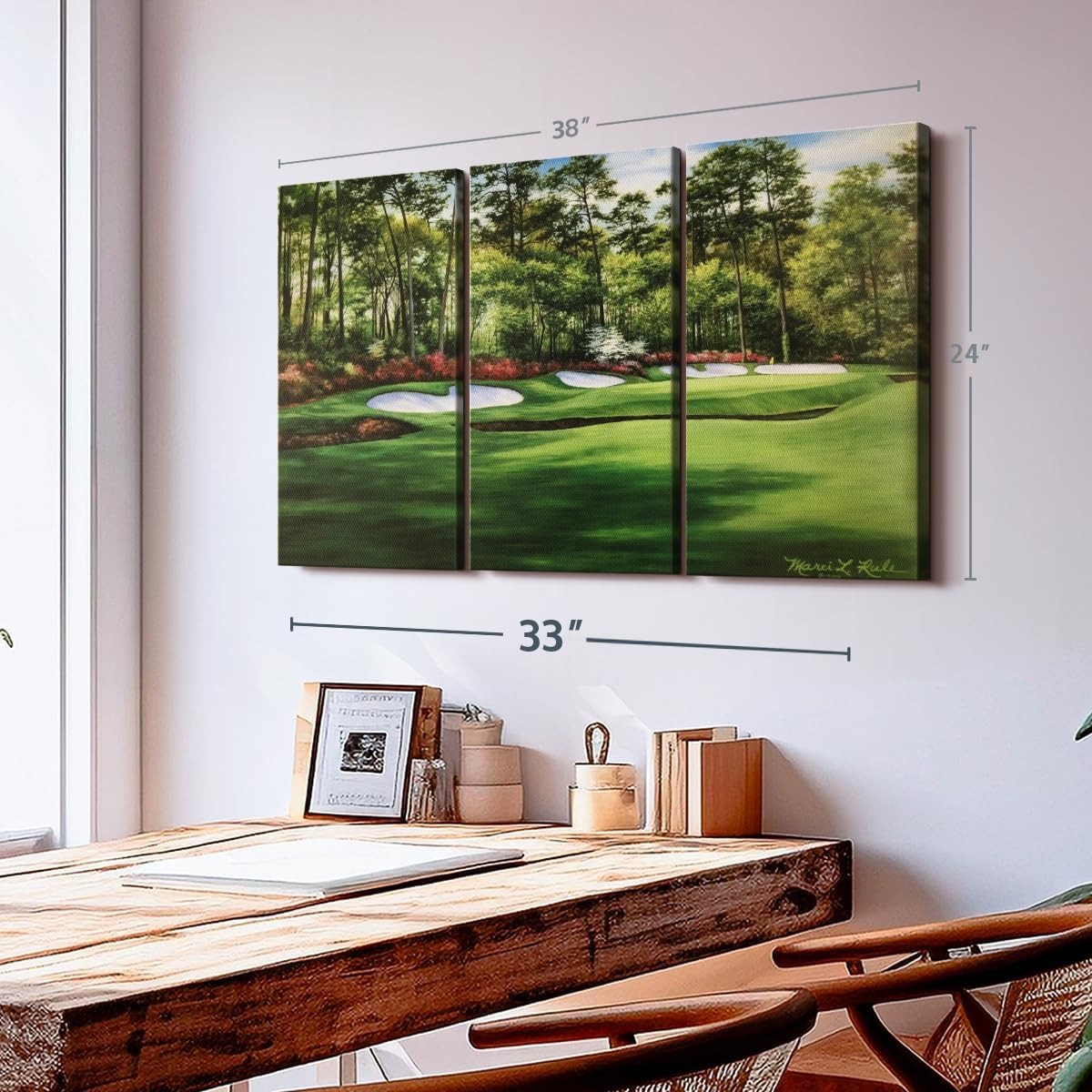 ElephantStock Augusta National 13th Hole I Wall Art - Horizontal Canvas - 3-Piece Living Room Wall Decor - Painting Sports Canvas Print - Green and Red Decor for Wall by Marci Rule - 38" X 24"