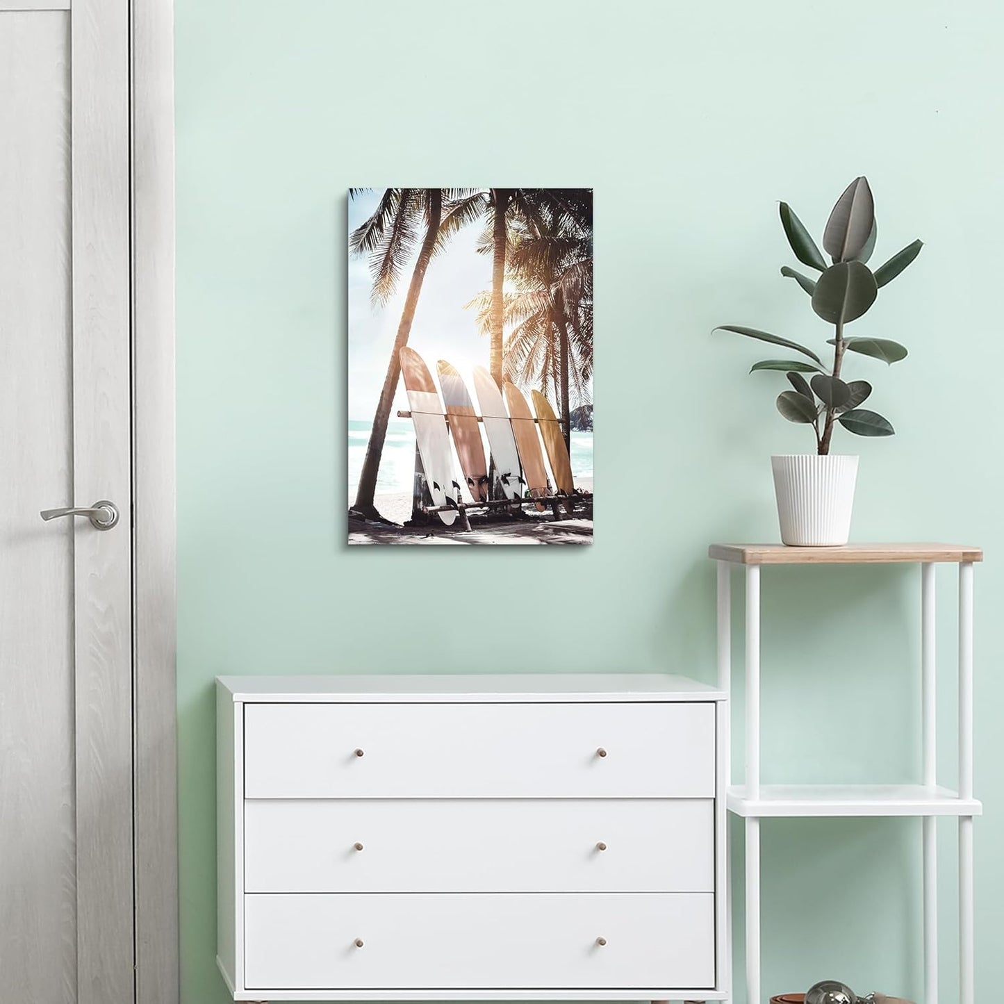 Hardy Gallery Palm Tree Wall Art Surfboard Pictures: Beach Scene Painting Coastal Wall Decor Seaside Artwork Surfing Ocean Print in Beach Canvas for Bathroom 16"x11"